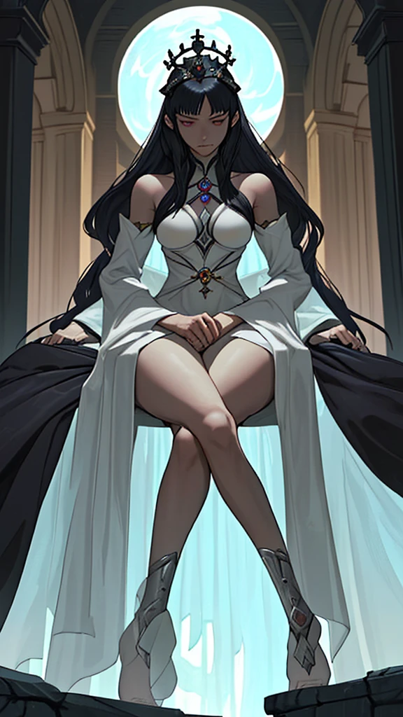 ((best quality)), ((masterpiece)), (detailed), perfect face, full body, black dress, black hair, long hair, hime hair style, elf ear, big tits, big ass, white pale skin