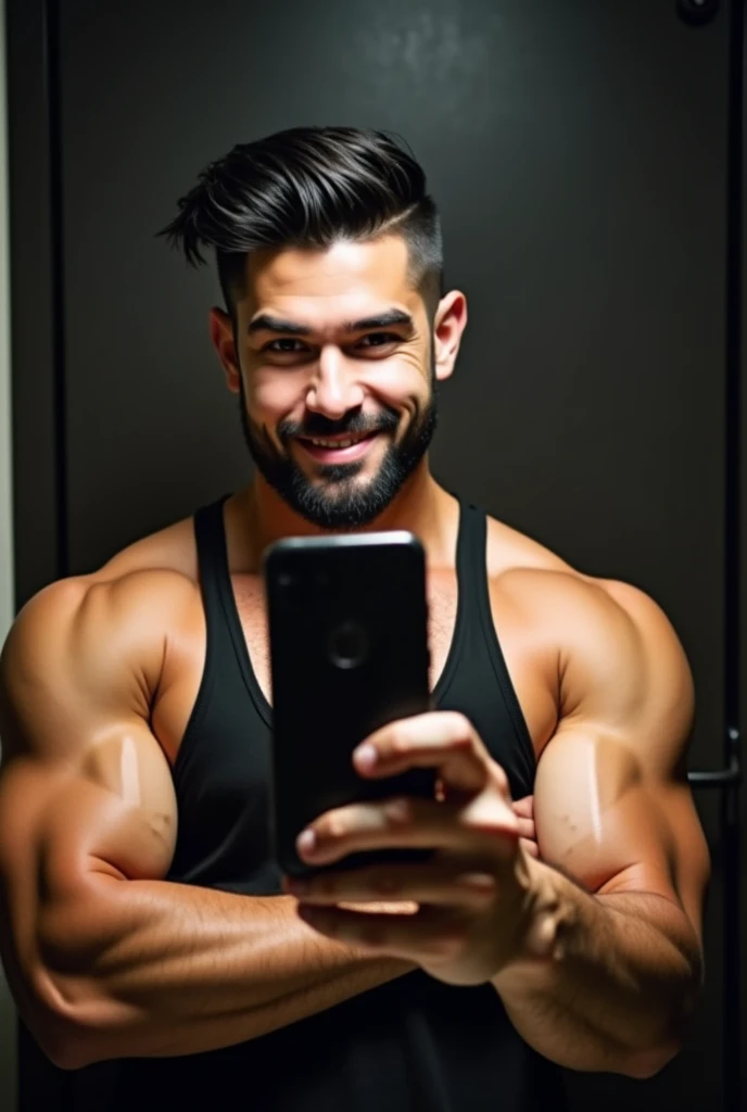 Man with lots of muscles taking a selfie