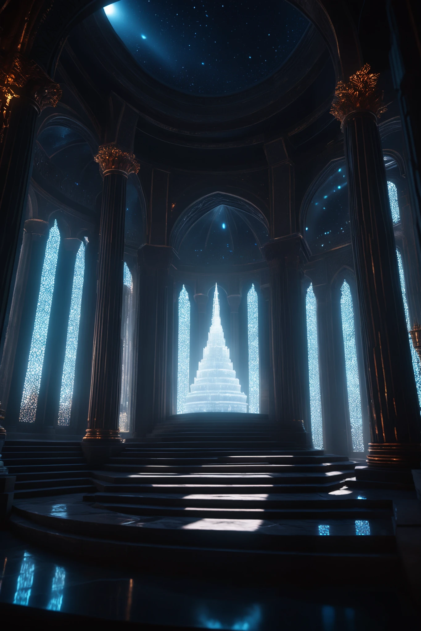 by [arknights|(748cmstyle:0.5)], 8k, bokeh, cinematic shot, dramatic lighting, high contrast, masterpiece, best quality, amazing quality, very aesthetic, high resolution, ultra-detailed, absurdres,
high-futuristic inner sanctum, clear sky, marmer with inscriptions, palace, glass and crystals, high tech, science fiction, divine technology,
BREAK, depth of field, volumetric lighting
 