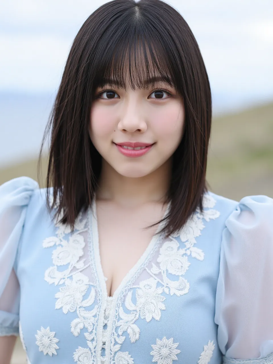 A close up of a woman with a blue dress and a white top - SeaArt AI