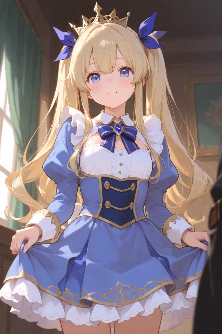 saratoga \(warship girls r\),1girl, solo, (8k, masterpiece:1.2),highly detailed,ultra-detailed,masterclass,hair_between_eyes,braid,perfect lighting,medium breasts,hair ornament,(detailed facial features),full body,long_hair,blush,feathers hair ornament,(dark blue wedding dress:1.2) night,windows,indoors,light,indoors,carpet,illustration,cowboy shot,masterpiece,best quality,(MediumBlue evening dress:1.2), blonde long hair(delicate hair),blue eyes(delicate eyes),
