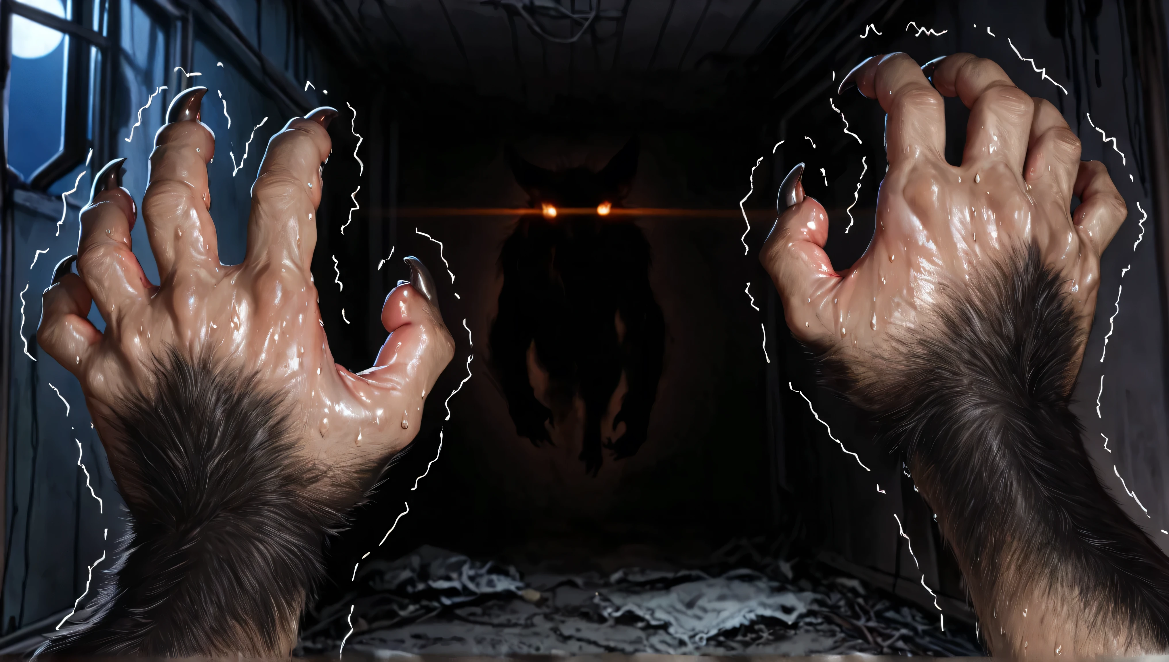 Werewolf transformation, body, morfing, paw:1.3, claws, fur, shaking:1.1, sweating, thick fingers, deep night, ((darkness, dramatic moonlight, night)), abandoned jail, ((Ultra-detailed, Realistic, realistic:1.37), 4k, 8k, RAW, HDR, UHD, Canon EOS P3, Canon EOS R3, 85mm f/1.4, 15mm, 35mm, 80mm, f2.8, high resolution, hd, full colour, 4k, high definition, sharp focus, smooth, Professional, cinematic, extreme detail, (high detail:1.4) description, masterpiece, deep shades, best quality,))