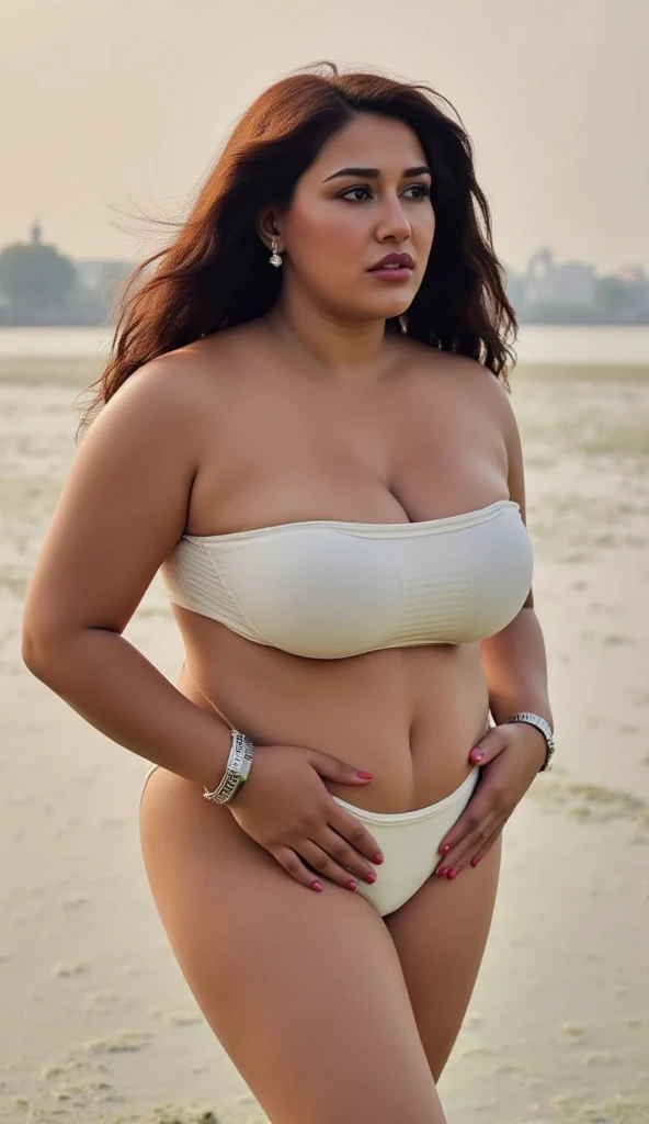 Indian beautiful woman sexy curvy plus size model wearing White Beauty in Sari : Charm & Nature facing to camera in standing position, curvy plus size figure, big m-cup bulky breasts ,wearing White Beauty in Sari : Charm & Nature, side bun hairstyle, bright eyes, thin eyebrows, fair skin, blushing cheeks, prefect , head to thigh view, beautiful nature background and location, head to thigh view