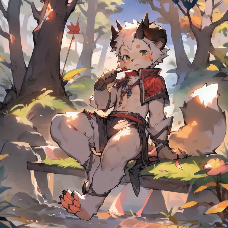 Fluffy, Fox man, Wearing a straw hat, Cute face, Brown hair, White hair on chest, forest, Creek, sandals, shorts, No top, lol，Stick your butt out，back，hapiness