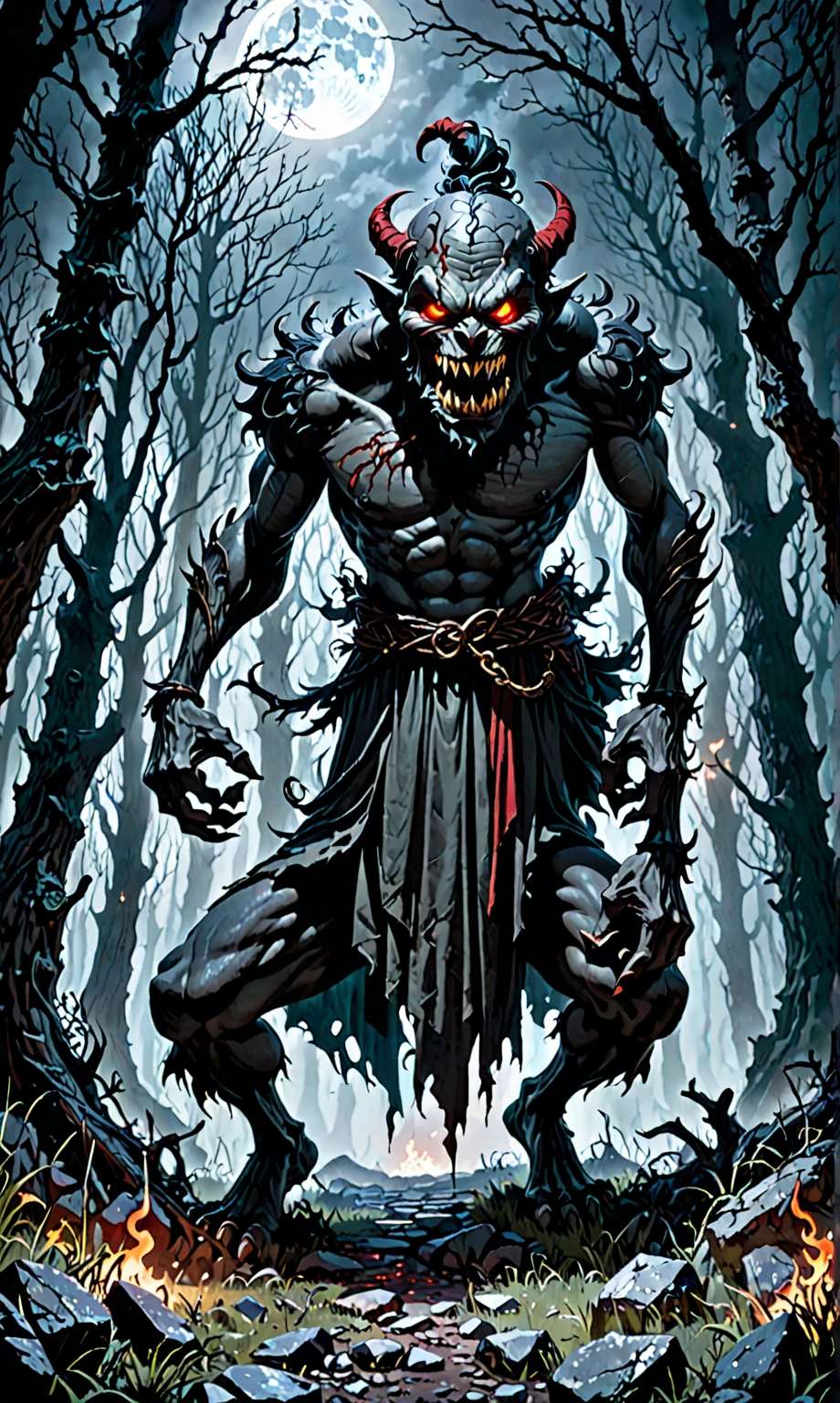 Art anime Kimetsu no yaiba, a humanoid Kaijin demon with purple hair and grayish skin, with many scars on the body, has an evil smile on his face and wields two small scythes made of meat