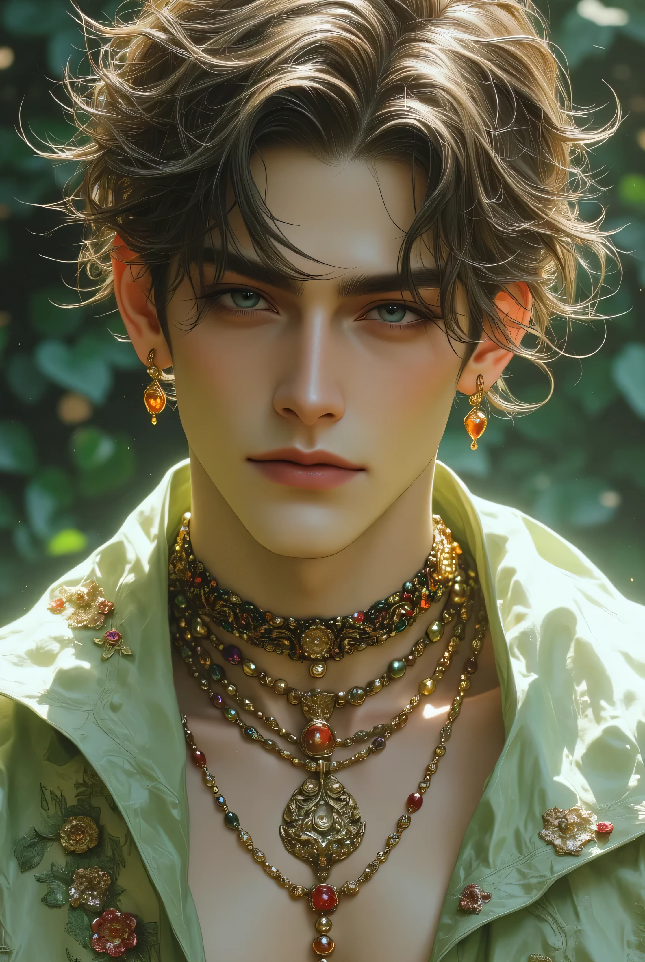 detailed body, detailed face, detailed hair, wavy light-brown hair, (stubble:0.5) shallow depth of field, realistic anime, bokeh, lifelike anime man, A stunning androgynous young man, short wavy dark hair, piercing blue eyes, delicate facial features, his light green dress that is unbuttoned, intricate lace detailing, intricate tattoos, Around his neck, he wears colorful beaded necklaces, amber, and red and gold stones, shimmering fabric, gothic aesthetic, ethereal lighting, cinematic portrait, ultra-detailed skin texture, soft focus background, detailed body, detailed face, detailed hair, wavy light-brown hair, (stubble:0.5) shallow depth of field, realistic anime, bokeh, lifelike anime man.