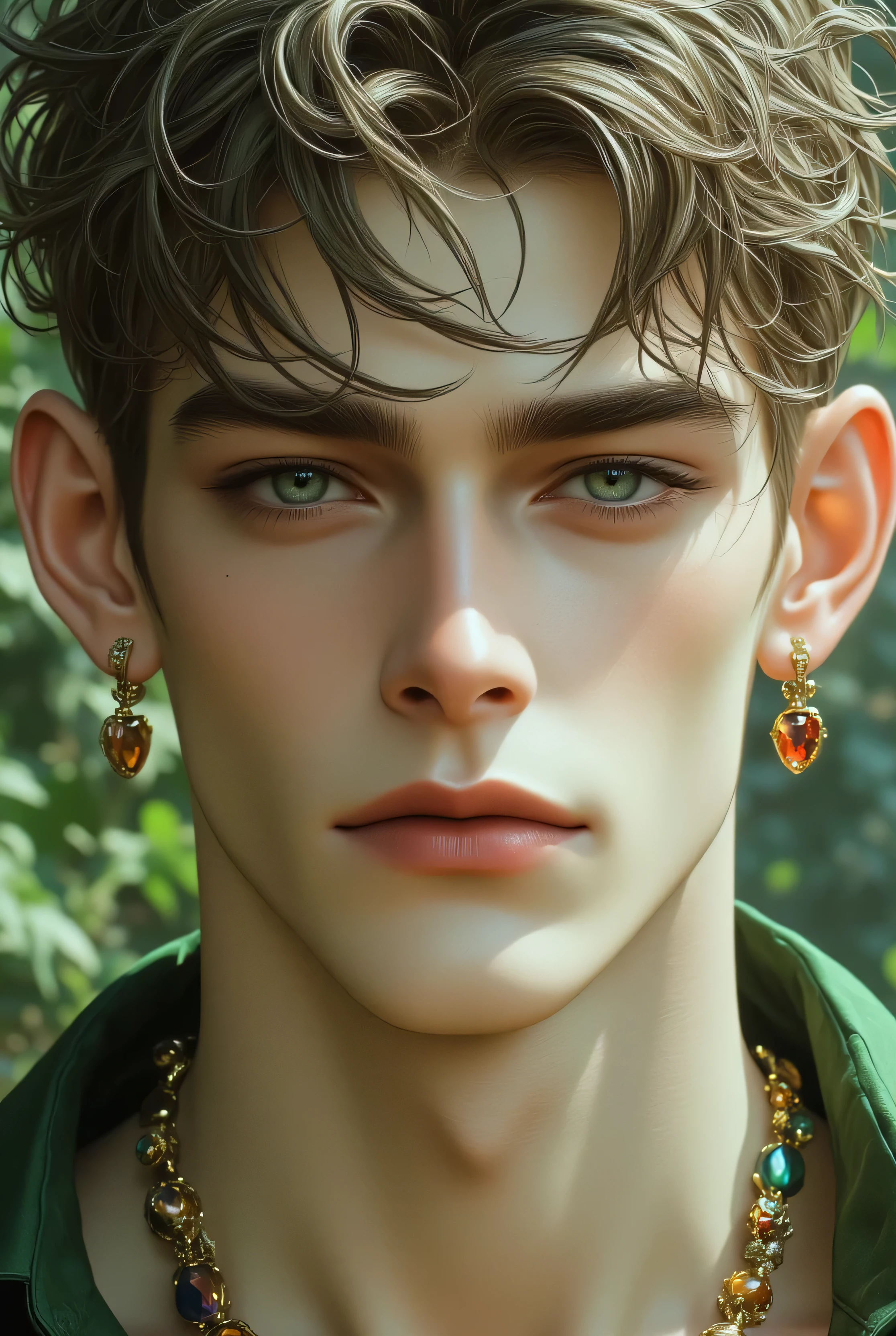 detailed body, detailed face, detailed hair, wavy light-brown hair, (stubble:0.5) shallow depth of field, realistic anime, bokeh, lifelike anime man, A stunning androgynous young man, short wavy dark hair, piercing blue eyes, delicate facial features, his light green dress that is unbuttoned, intricate lace detailing, intricate tattoos, Around his neck, he wears colorful beaded necklaces, amber, and red and gold stones, shimmering fabric, gothic aesthetic, ethereal lighting, cinematic portrait, ultra-detailed skin texture, soft focus background, detailed body, detailed face, detailed hair, wavy light-brown hair, (stubble:0.5) shallow depth of field, realistic anime, bokeh, lifelike anime man.