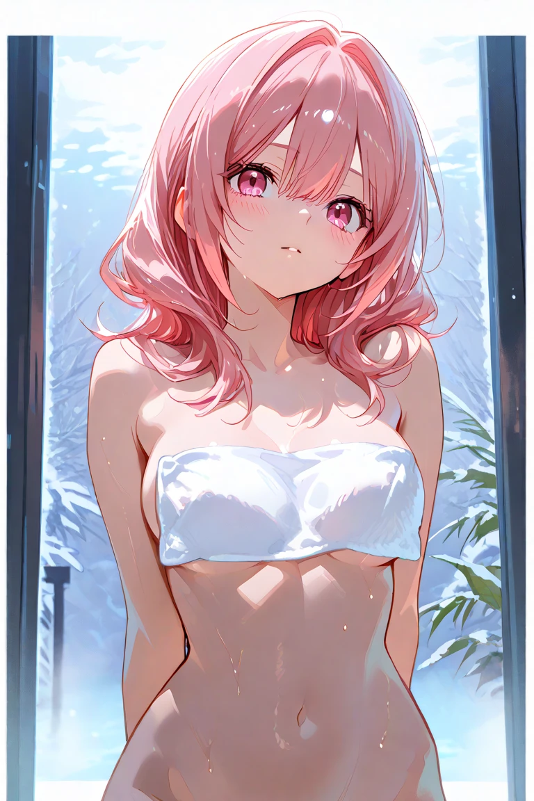 school swimwear、Acme Face、Random pose、Medium Hair、Pink Hair、、nsfw、Highest quality、1 girl、solo、Ocean、Sexy pose、Random pose、Blushing、Wet、Embarrassed、I can see half of my 、、One piece swimsuit、(Strap slip:1.3)、School Swimsuit