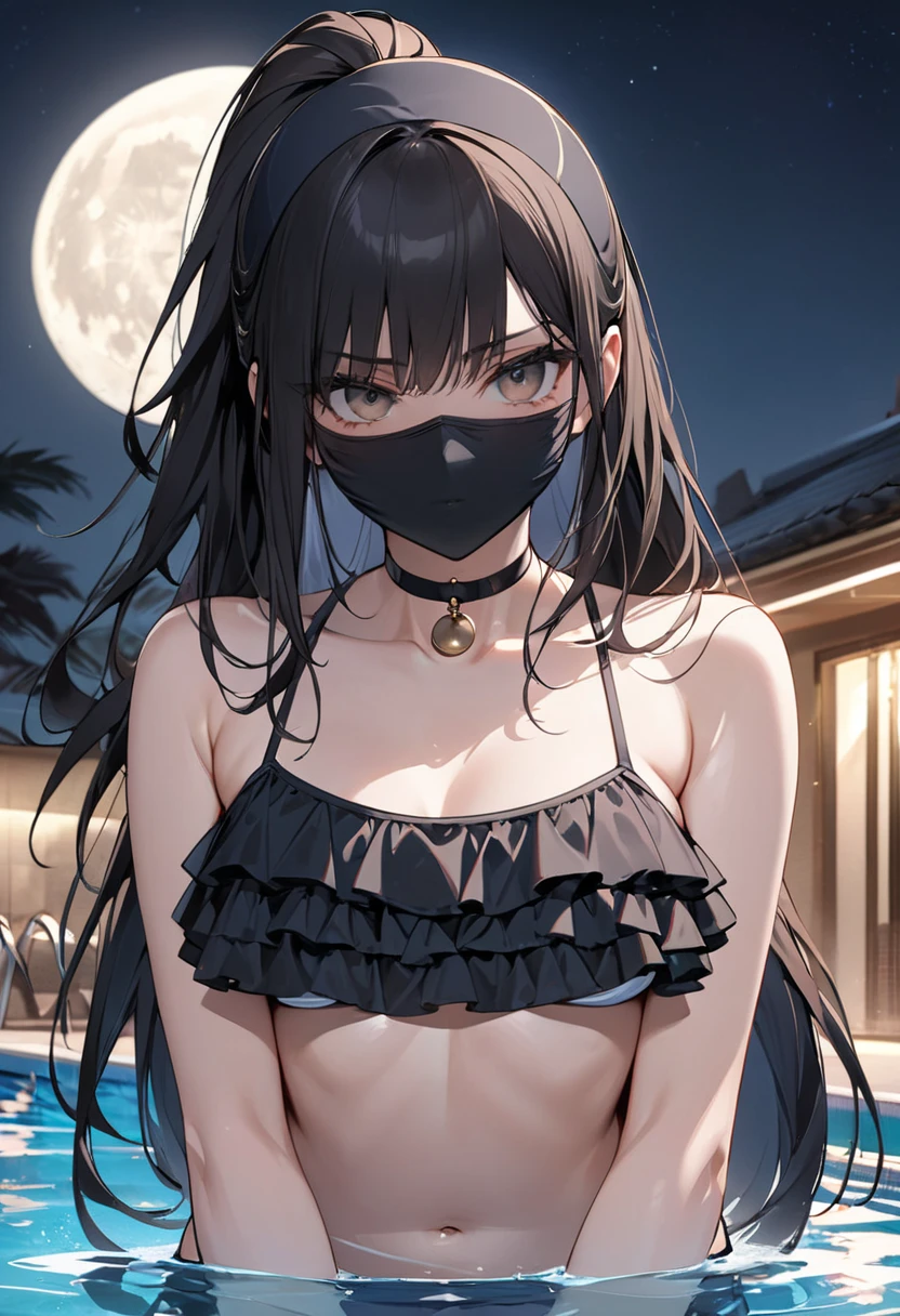 Indoor, Realistic, 8K, masterpiece, highest quality, Beautiful expression, from below, upper body, 1girl, 1 Screen View, cinematic lighting, sit, praying hands, fair skin, wet with sweat, Shiny natural skin texture, Large Breasts, glossy lips, expressionless, long hair, jet black hair, flower crown, (Black casual dress:1.3), (No underwear:1.2), (black wide blindfold :1.3), (night:1.1), (nsfw:1), (darkness:1.1), (see through:1.1), (puffynipple:1.3), (Beautiful Face:1.3), (straight hair:1.1), (blunt bangs:1.2)