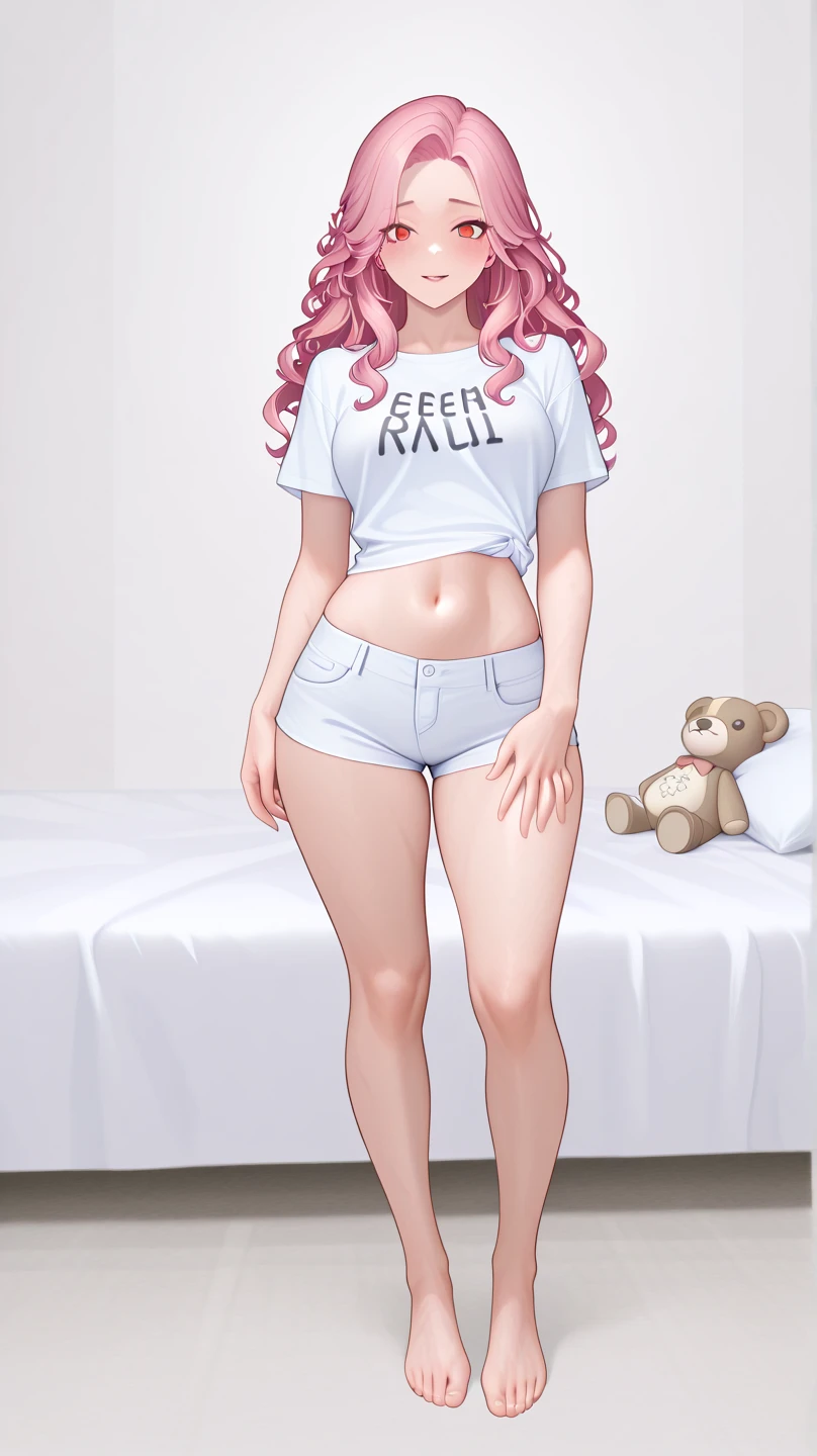 Girl , extra short white t-shirt, belly-baring, white shorts with yellow spots ,gray stockings, Very big thighs, very thin waist 、She has pale pink curly hair 、sexual expression,глаза красивые високое Quality、with pink cheeks、 provocative、、Yandere's style、hands on her body, posing with your body, white bedroom background,Lots of plush toys, is worth ,full length, ,High resolution, Точность, Masterpiece, Realistic anatomy, deservedly award-winning, лучшее Quality, damaged , details, high detail, Quality, высокое Quality, retina, very detailed, Ultra high temperature, textured leather,
looks at the viewer,
Harasses the viewer