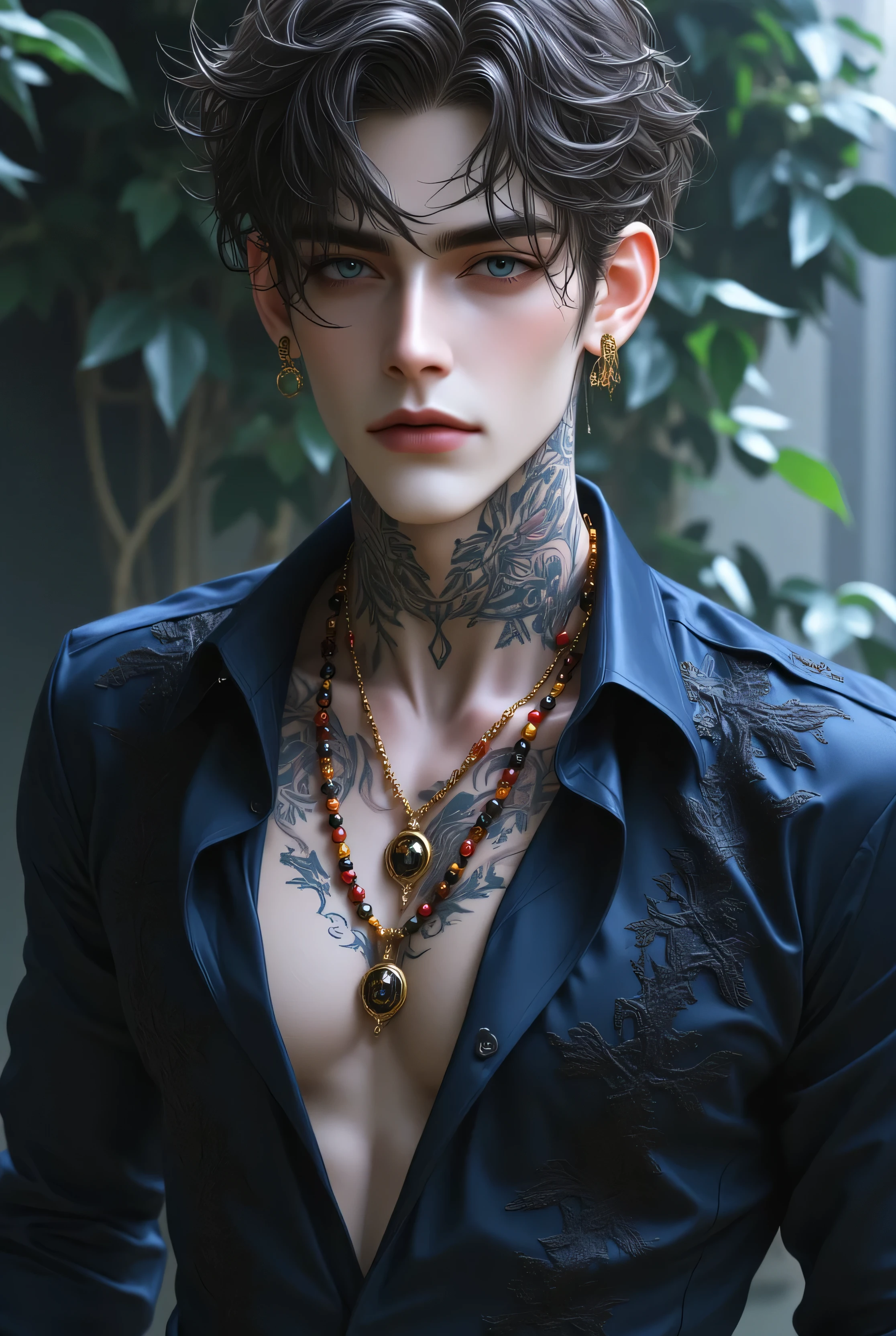 detailed body, detailed face, detailed hair, wavy light-brown hair, (stubble:0.5) shallow depth of field, realistic anime, bokeh, lifelike anime man, A stunning androgynous young man, short wavy dark hair, piercing blue eyes, delicate facial features, his navy blue dress that is unbuttoned, intricate lace detailing, intricate tattoos, Around his neck, he wears colorful beaded necklaces, amber, and red and gold stones, shimmering fabric, gothic aesthetic, ethereal lighting, cinematic portrait, ultra-detailed skin texture, soft focus background, detailed body, detailed face, detailed hair, wavy light-brown hair, (stubble:0.5) shallow depth of field, realistic anime, bokeh, lifelike anime man.