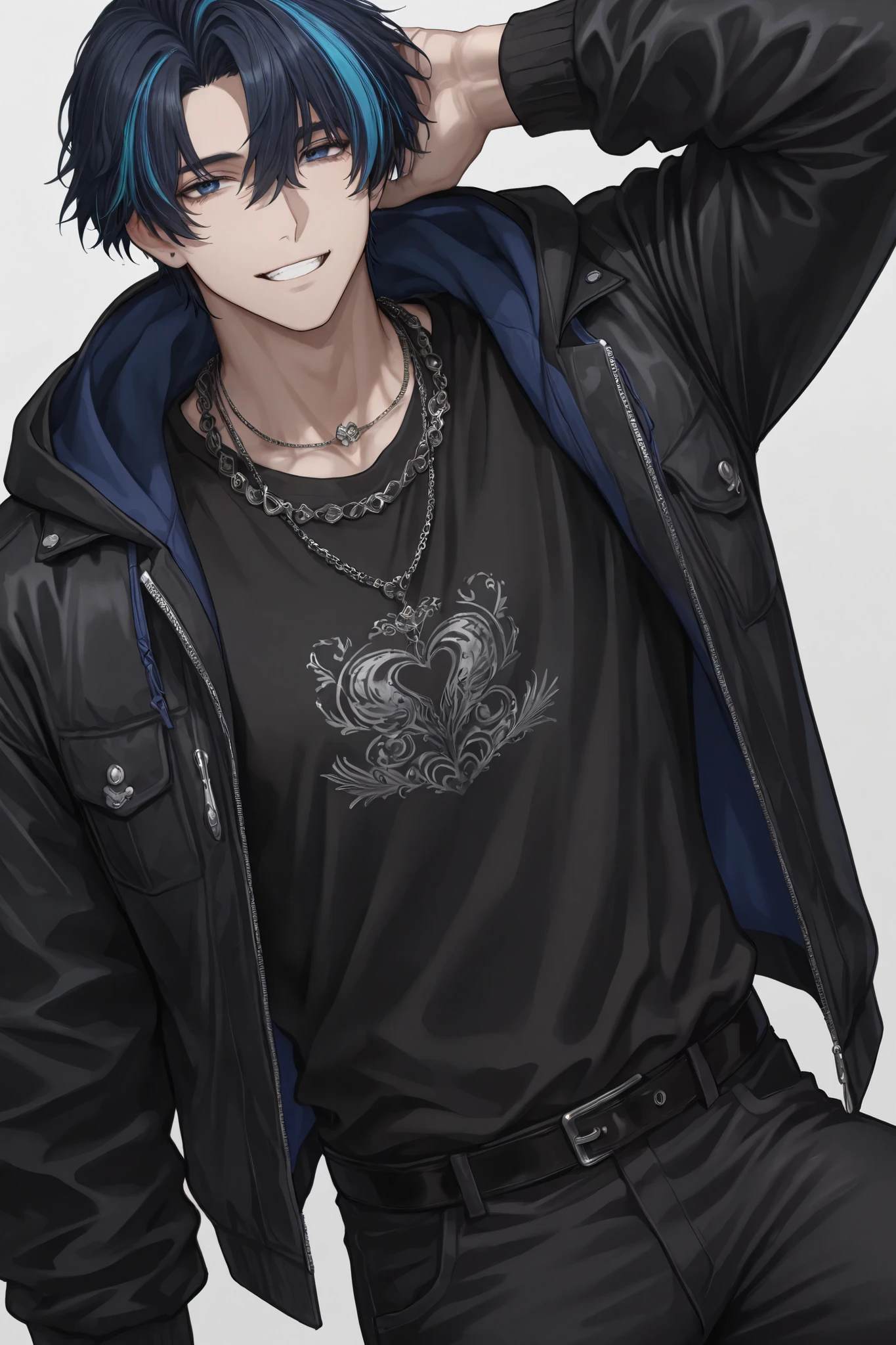 (masterpiece), (highest quality), (very detailed), (the best shape), (best shadows), (absurd), (so beautiful), beautiful eyes in every detail, unusual, 8k, 32K, high resolution, very detailed e CG, score_9, score_8_high, score_7_high, Those_anime_series, cinematic, 1boy, solo, male focus, (streaked hair:1.5), dark blue hair, blue hair, short hair, blue eyes, cool large shirt, black shirt, necklaces, muscular, sexy man, handsome, solo,
mature, handsome, sexy man, sensual, pale skin, lean, muscular, cool, high fashion, hoodie with a black jacket, black pants, smiling, white background