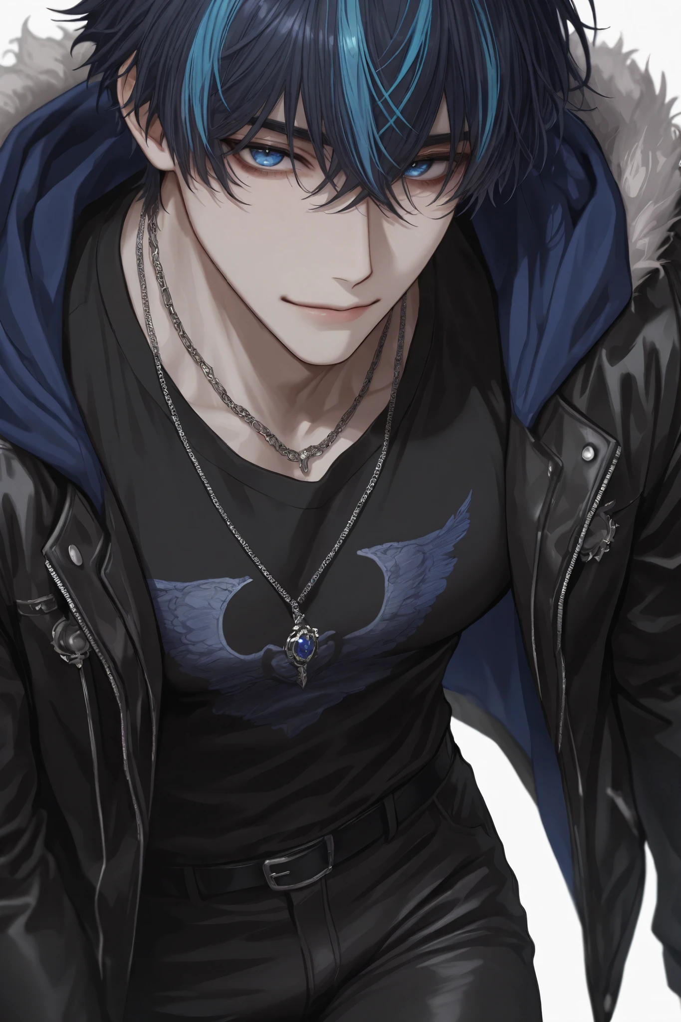 (masterpiece), (highest quality), (very detailed), (the best shape), (best shadows), (absurd), (so beautiful), beautiful eyes in every detail, unusual, 8k, 32K, high resolution, very detailed e CG, score_9, score_8_high, score_7_high, Those_anime_series, cinematic, 1boy, solo, male focus, (streaked hair:1.5), dark blue hair, blue hair, short hair, blue eyes, cool large shirt, black shirt, necklaces, muscular, sexy man, handsome, solo,
mature, handsome, sexy man, sensual, pale skin, lean, muscular, cool, high fashion, hoodie with a black jacket, black pants, smiling, white background