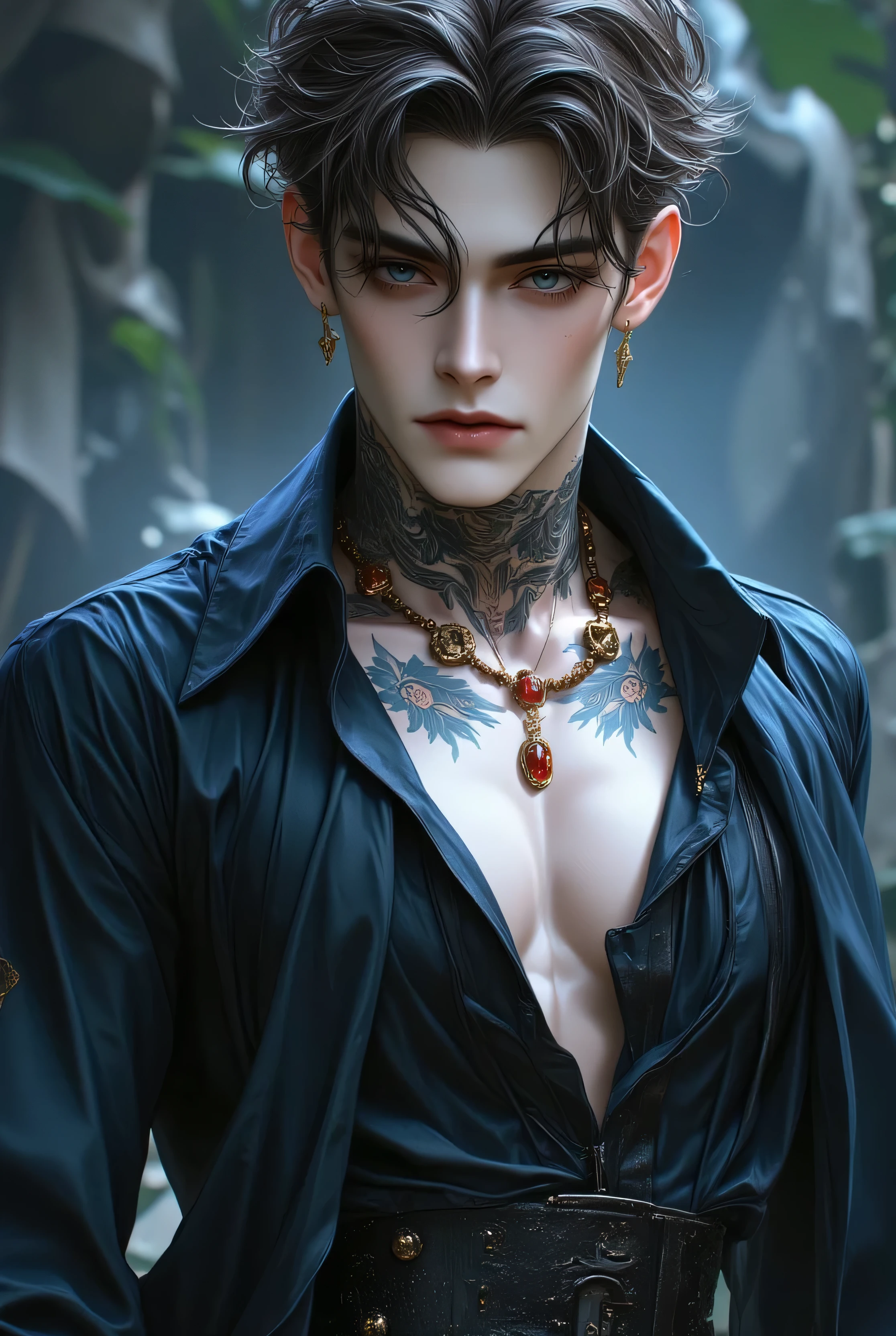 detailed body, detailed face, detailed hair, wavy light-brown hair, (stubble:0.5) shallow depth of field, realistic anime, bokeh, lifelike anime man, A stunning androgynous young man, short wavy dark hair, piercing blue eyes, delicate facial features, his navy blue dress that is unbuttoned, intricate lace detailing, intricate tattoos, Around his neck, he wears colorful beaded necklaces, amber, and red and gold stones, shimmering fabric, gothic aesthetic, ethereal lighting, cinematic portrait, ultra-detailed skin texture, soft focus background, detailed body, detailed face, detailed hair, wavy light-brown hair, (stubble:0.5) shallow depth of field, realistic anime, bokeh, lifelike anime man.