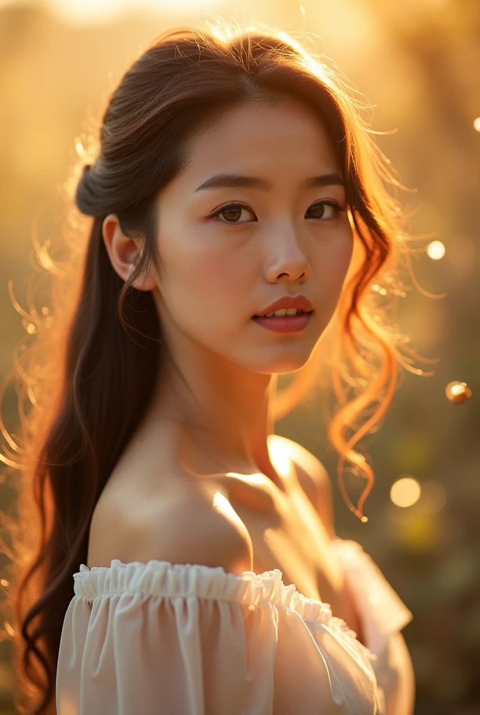 Masterpiece:1.2, high quality, best quality, high resolution, detailed, hyper realistic, 1 korean girl, naked, Shaggy hair, brown eyes, cleavage, sunset, small firm breasts, at rice field with few village, half body, shy smile, RAW,  (detailed face), ((sharp focus)), ((perfect face)), delicate face, cyber shot