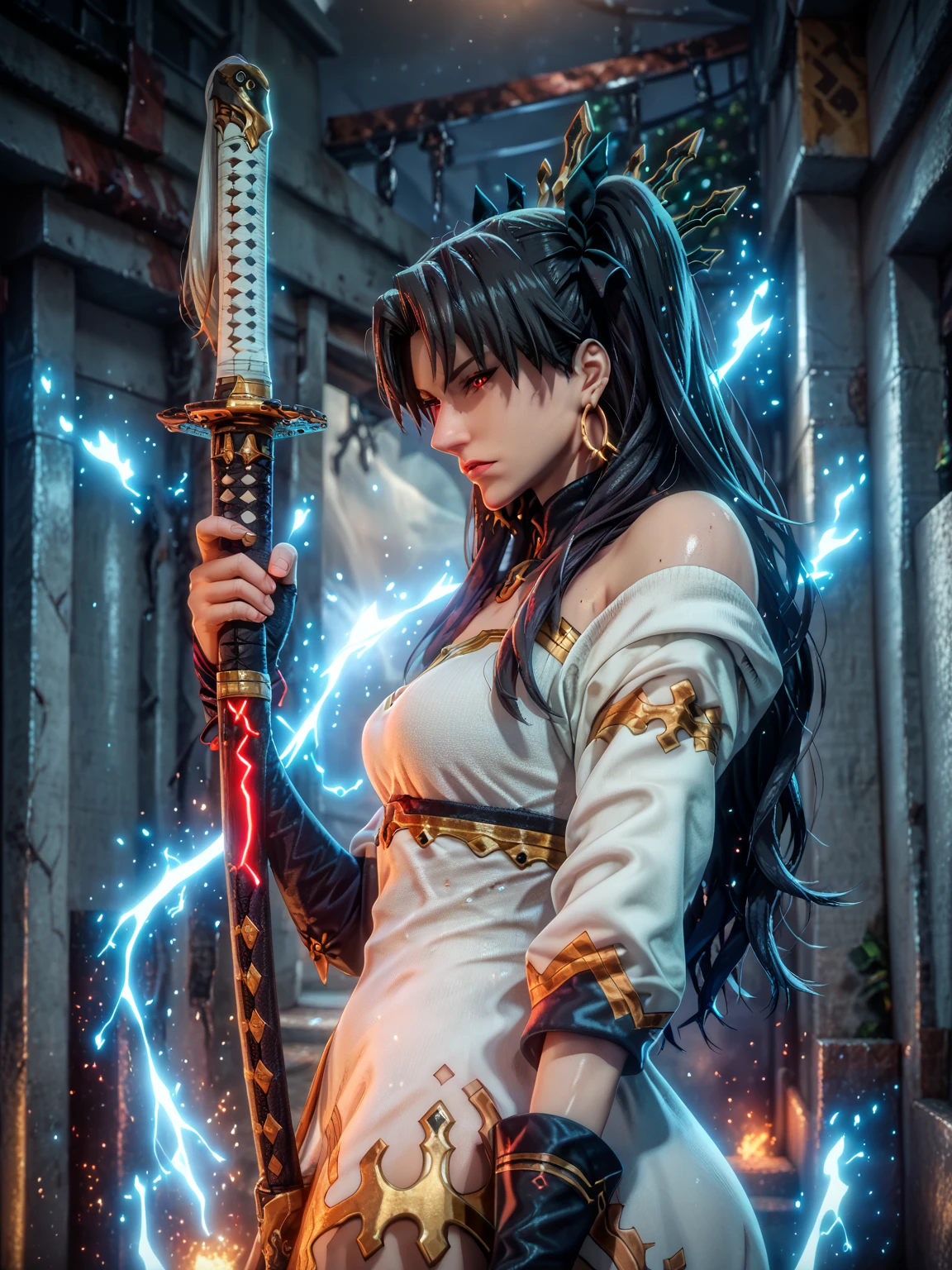 score_9, score_8_up, score_8, score_7_up, bouqtm, ishtar_(fate), red_eyes, parted bangs, long_hair, jewelry, earrings, black_hair, armlet, crown, two_side_up, small_breasts, hoop_earrings, ribbon, narrowed eyes, plump, shiny skin, 1girl, weapon, solo, sword, red_background, katana, holding_weapon, holding, simple_background, ear_piercing, sheath, holding_sword, mechanical_arms, profile, from_side, sheathed, looking_at_viewer, cyborg, white jacket, sweater dress, off shoulder, black short, (black aura), (grey aura), (aura:1.2)