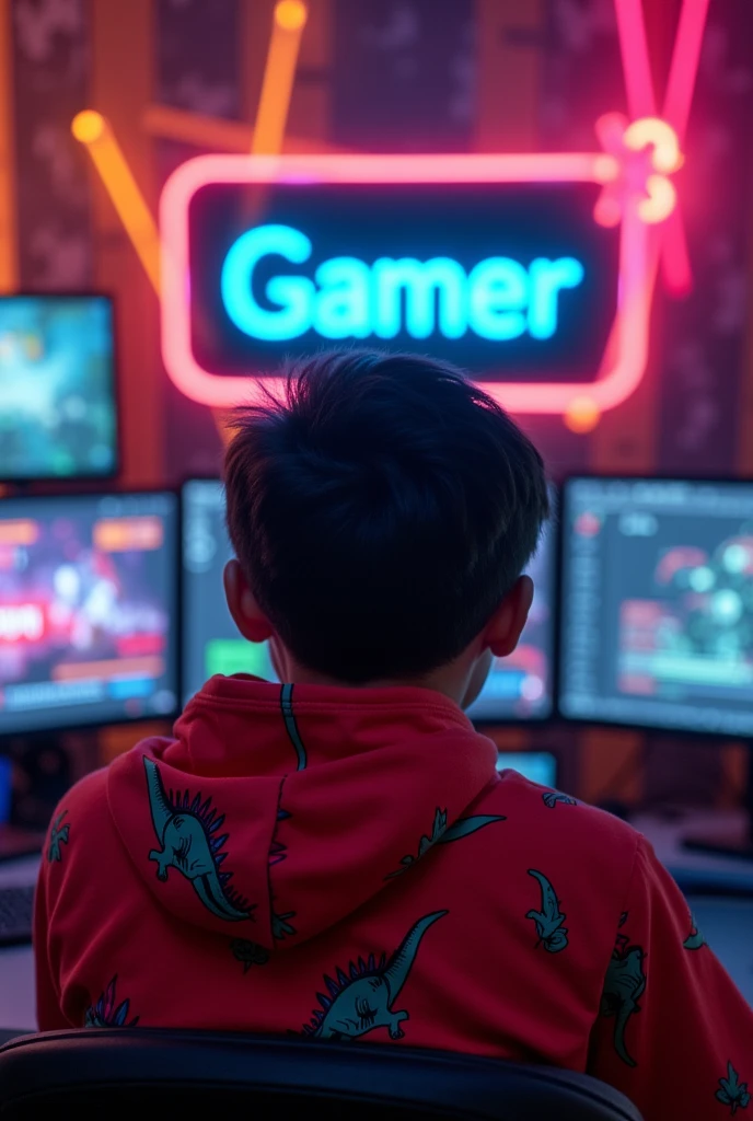 human boy in black penguin pajamas and with a screen with the YouTube logo and in a gamer room sitting on a chair and with a penguin hood brown hai