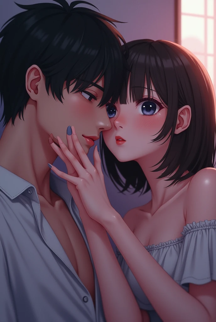 Japanese man and woman hugging each other and looking at each other, dress up, ordinary people, story of first love, looking into each other's eyes, man gently wraps his arm around the woman's waist, trust, romance, love, love, two people The strong bond, love, and fate between them.The background is magnificent.An abstract painting that is a mixture of the past and memories of two people, the best scene that tickles the love, black hair, Asian, high resolution, high quality, Real, cinematic, young men and women,
