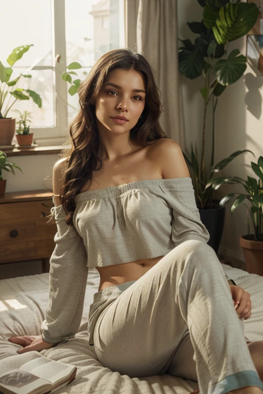 (photorealism:1.2), beautiful woman, sitting on bed, wearing loose off-shoulder top, pajama pants, long curly hair, indoors, soft lighting, plants in background, window with sunlight, cozy room, relaxed pose, realistic, intricate details, warm colors, by Greg Rutkowski, by Alphonse Mucha