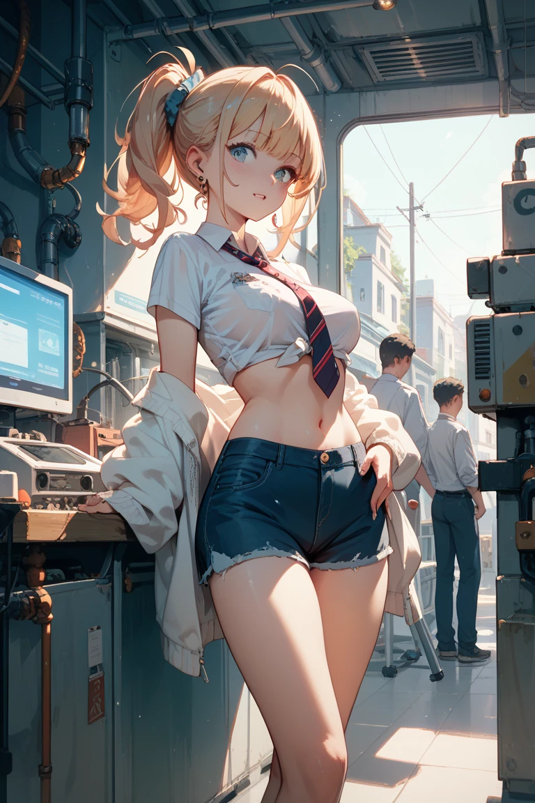 1 female,The perfect 20 years old,gal,((ideal ratio body proportions:1.3,small head:1.7)),((dark brown skin)),((high quality anime, 8k,masterpiece,Perfect Anatomy)),nsfw,(beautiful detailed face and eyes,gorgeous eye:1.3), BREAK ,brown eyes, BREAK ,blonde hair,short bob hair,bangs, BREAK ,tears,blush,Anxious expression,cowboy shot,small breasts,slender body, toned body,skinny,sweat, BREAK ,White bra、clavicle、navel、Academy clothing's navy blue pleated mini skirt,perfect white panties、camel toe,Wet crotch、 BREAK ,Sit at a desk、spread legs,arms behind back,classroom、Academy、Tokyo、at night、