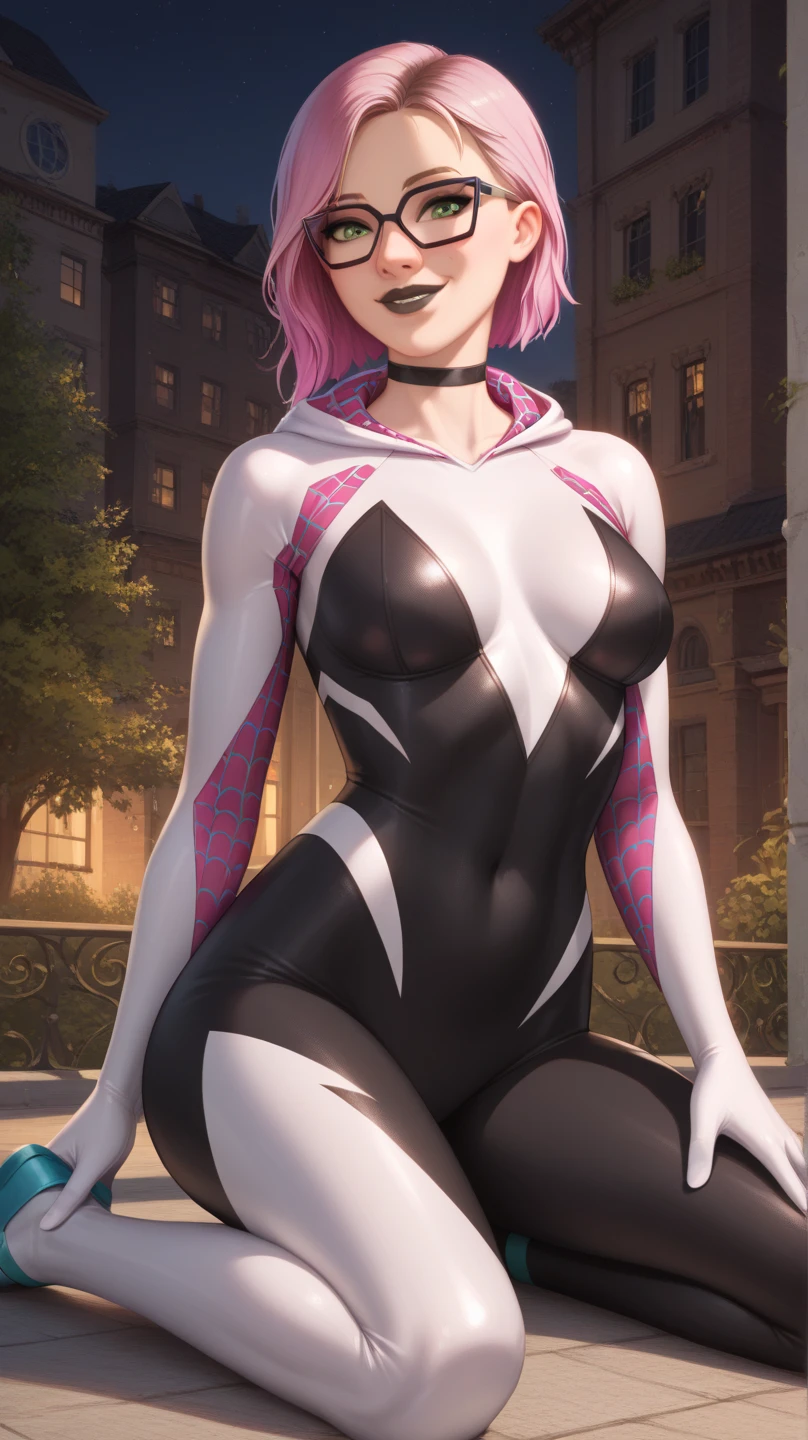 Erstellen Sie ein Bild einer nackten Spidergwen, who is admired all over the world for her larger than average tits, auf einem Dach liegen!!!!!