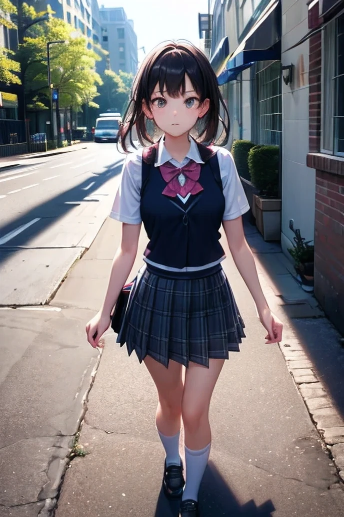 (perfect hAnds, perfect AnAtomy), female 1 person, young woman, walk, school uniform, Dark blue vest, white blouse, rolled up sleeve, Plaid Pleated Skirt, LONG DARK SOCKS, Black shoes, DARK BLUE BACKPACK WITH FLOWERS, NATURAL CITY STREET ENVIRONMENT, casual vibe, Outdoor Setting, daylight, SHADOW ON THE GROUND, neutral tones