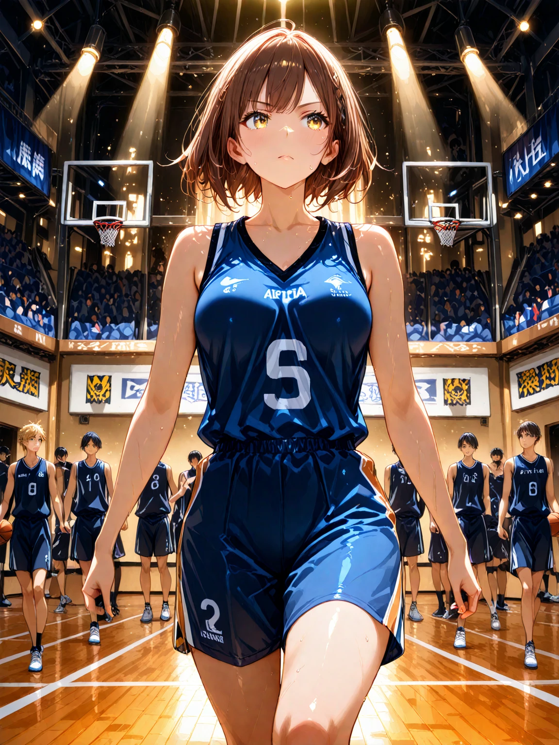 A dynamic digital artwork showcases a female basketball player mid-flight, intensely focused on making a layup as she's guarded by three male opponents. The golden lighting, dramatic shading, and sharp contrasts highlight the player's athleticism and skill in this action-packed moment, while the dark arena and spotlights draw attention to the soaring motion and the upcoming shot. Anime style. From side, dramatic lighting, (spotlight from above), golden lighting, lens flare, highly detailed, The basketball goal is 305cm high.