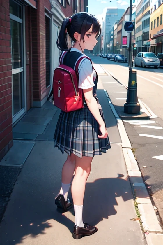 (perfect hAnds, perfect AnAtomy), female 1 person, young woman, walk, school uniform, Dark blue vest, white blouse, rolled up sleeve, Plaid Pleated Skirt, LONG DARK SOCKS, Black shoes, DARK BLUE BACKPACK WITH FLOWERS, NATURAL CITY STREET ENVIRONMENT, casual vibe, Outdoor Setting, daylight, SHADOW ON THE GROUND, neutral tones