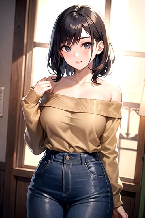 ((Highest quality)), ((masterpiece)), (detailed), One person, very cute、Off-the-shoulder sweater, Big brown hair、smile、Put your chest close