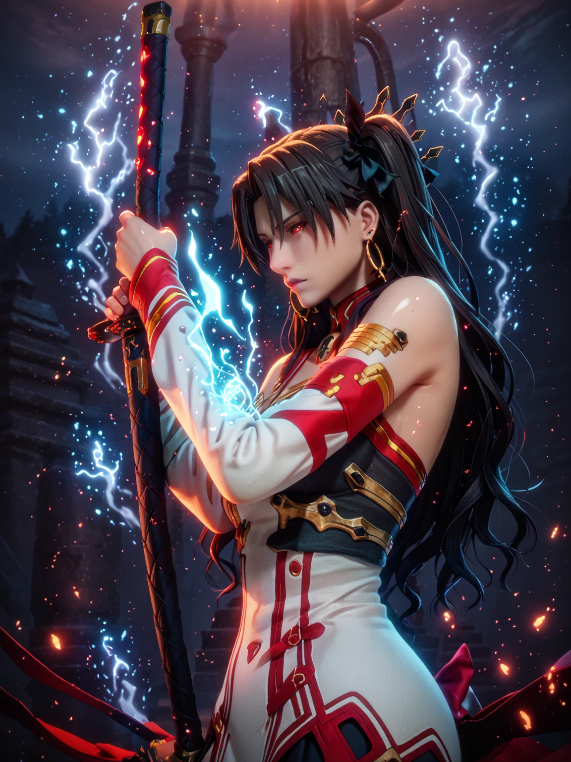 score_9, score_8_up, score_8, score_7_up, bouqtm, ishtar_(fate), red_eyes, parted bangs, long_hair, jewelry, earrings, black_hair, armlet, crown, two_side_up, small_breasts, hoop_earrings, ribbon, narrowed eyes, plump, shiny skin, 1girl, weapon, solo, sword, red_background, katana, holding_weapon, holding, simple_background, ear_piercing, sheath, holding_sword, mechanical_arms, profile, from_side, sheathed, looking_at_viewer, cyborg, white jacket, sweater dress, off shoulder, black short, (black aura), (grey aura), (aura:1.2)