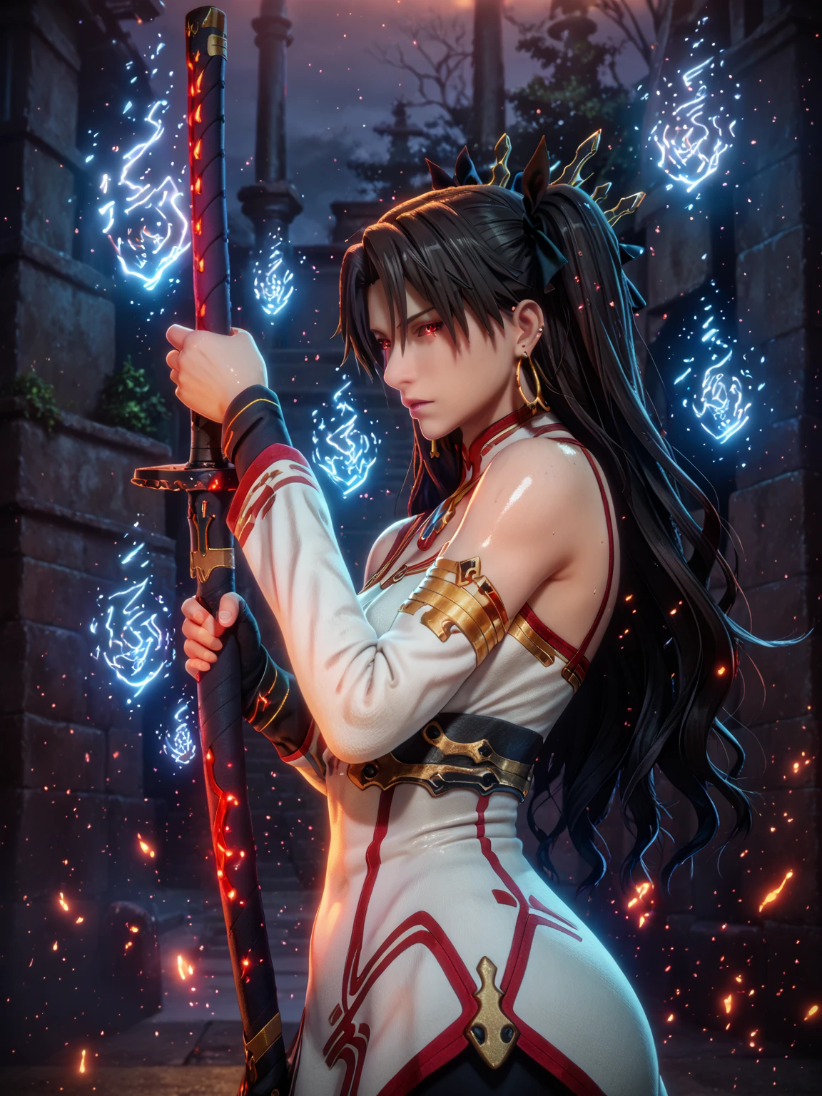 score_9, score_8_up, score_8, score_7_up, bouqtm, ishtar_(fate), red_eyes, parted bangs, long_hair, jewelry, earrings, black_hair, armlet, crown, two_side_up, small_breasts, hoop_earrings, ribbon, narrowed eyes, plump, shiny skin, 1girl, weapon, solo, sword, red_background, katana, holding_weapon, holding, simple_background, ear_piercing, sheath, holding_sword, mechanical_arms, profile, from_side, sheathed, looking_at_viewer, cyborg, white jacket, sweater dress, off shoulder, black short, (black aura), (grey aura), (aura:1.2)
