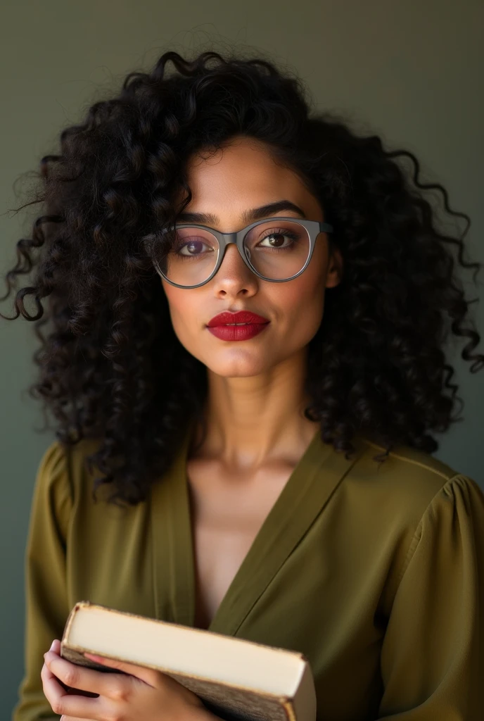 Draw a picture of a person with hair down to their breasts, com curvatura 3A 3B, sun tanned white skin, eyes browns, slightly thick eyebrow, half round eyes, small mouth with larger lower lips, medium nose, in dark academic outfit mbti Infj style with thin round glasses, not nerdy. Darker eyes, most realistic, curly hair 3B 3C, Caucasian skin. 