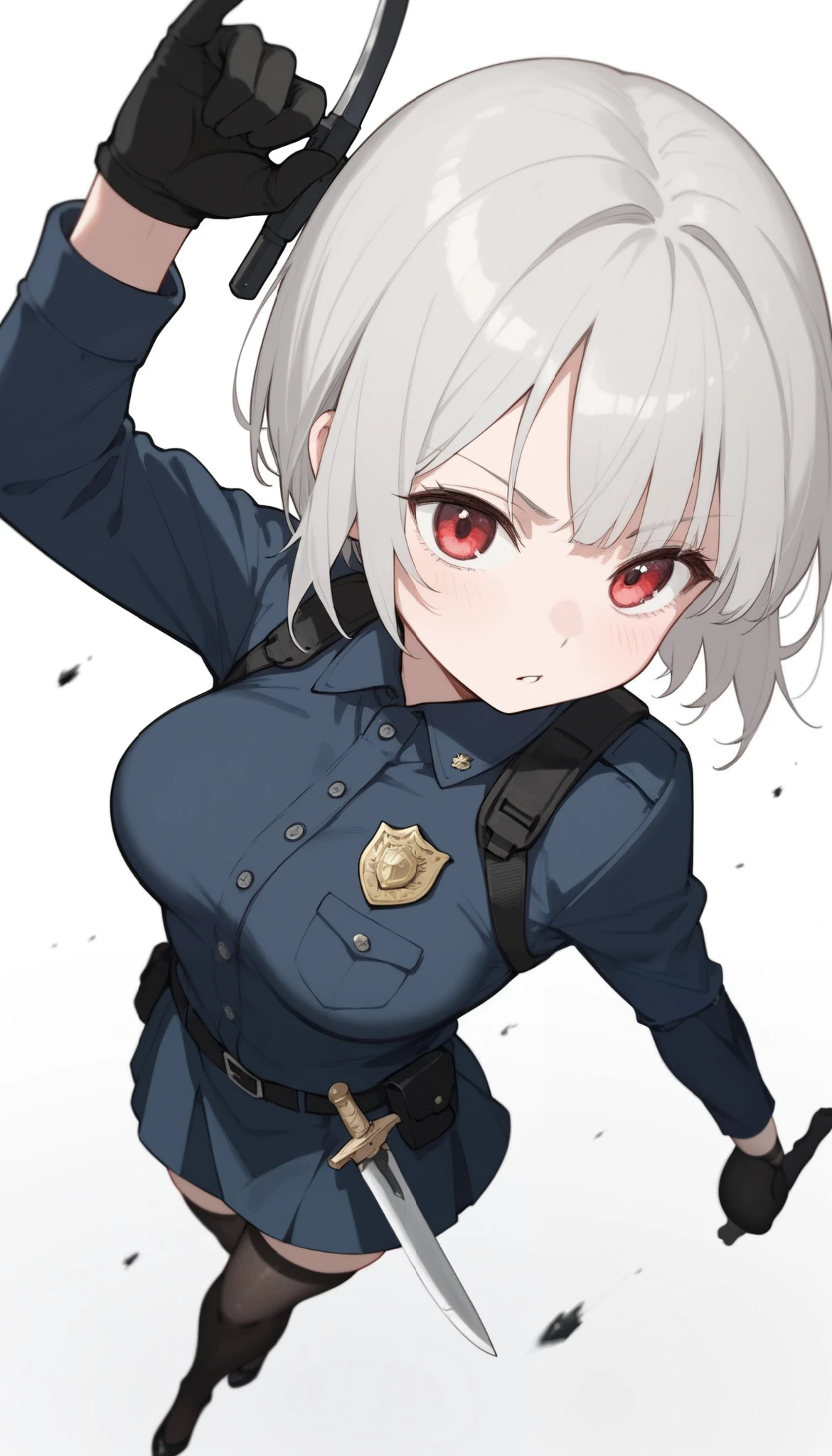 ((masterpiece)), (best quality), 1girl, solo, Simple background, temptation, delicate face, handheld dagger , Battle Pose , full body, silver short hair, long sideburn, red delicate eyes, Disdainful Eyes, Black Stockings, Damaged black police uniform, medium breasts, style: midjourney, white background, two-point perspective , Impact footage,motion blur,depth of field, closeup