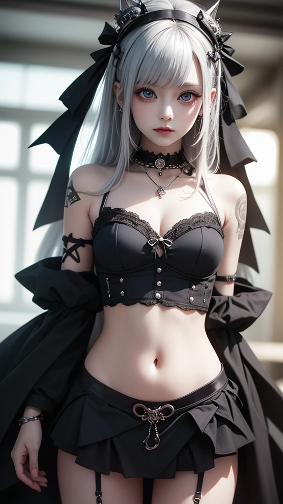 absurderes, masutepiece, Best Quality, nffsw, 1girl in, Mature Woman, (Sharp Focus), Villain's smile, medium breasts, (Hair on long black background), (grey  eyes), (Detailed eyes), Gothic lace costumes, Black and Red theme, Realism, Black_castle, Ultra-detailed, Vivid, Intricate details, Photorealistic