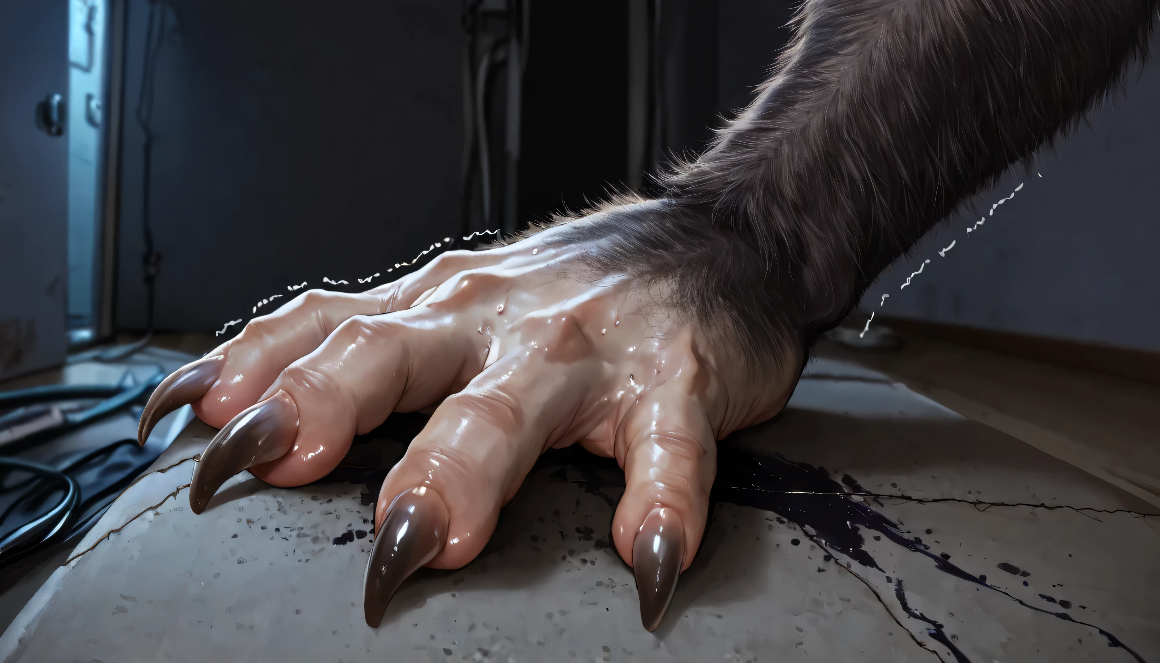 Pov, looking at own body, feet, Werewolf transformation, body, morfing, paw:1.3, animal toes, thick fingers, claws, fur, shaking:1.1, sweating, thick fingers, deep night, ((darkness, dramatic moonlight, night)), abandoned jail, ((Ultra-detailed, Realistic, realistic:1.37), 4k, 8k, RAW, HDR, UHD, Canon EOS P3, Canon EOS R3, 85mm f/1.4, 15mm, 35mm, 80mm, f2.8, high resolution, hd, full colour, 4k, high definition, sharp focus, smooth, Professional, cinematic, extreme detail, (high detail:1.4) description, masterpiece, deep shades, best quality,))