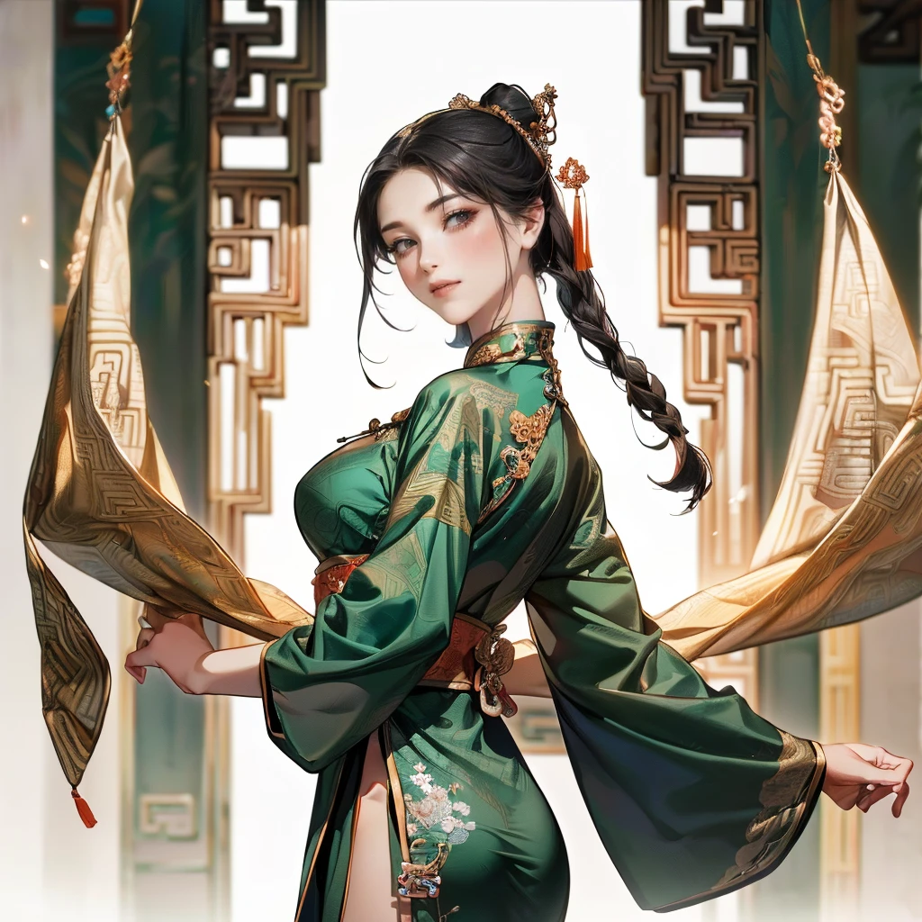 This art depicts the enchanting beauty of Song Dynasty China,With your back to the camera,The face is not visible,Exposed back,Exposed sexy ass,The butt is not covered by clothing,dark colored hair,Flowing costumes,Gray-green clothing,white backgrounid