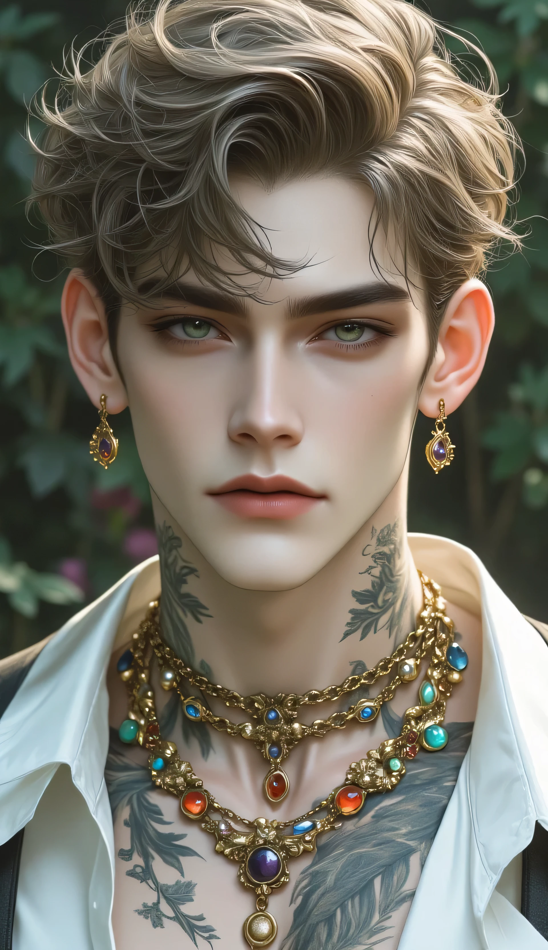 detailed body, detailed face, detailed hair, wavy light-brown hair, (stubble:0.5) shallow depth of field, realistic anime, bokeh, lifelike anime man, A stunning androgynous young man, short wavy dark hair, piercing blue eyes, delicate facial features, his white dress that is unbuttoned, intricate lace detailing, intricate tattoos, Around his neck, he wears colorful beaded necklaces featuring a mix of turquoise, amber, and red and gold stones, shimmering fabric, gothic aesthetic, ethereal lighting, cinematic portrait, ultra-detailed skin texture, soft focus background, detailed body, detailed face, detailed hair, wavy light-brown hair, (stubble:0.5) shallow depth of field, realistic anime, bokeh, lifelike anime man.