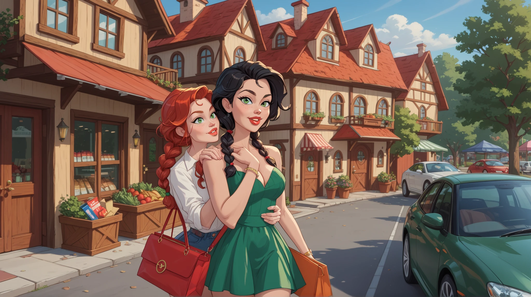 TechNoir digital: A Generation Y UI designer with short black hair and wavy emerald green eyes and her friend Geek, a redheaded redhead with braids and yellow eyes, return from shopping at their house an American suburban townhouse. The vibrant scene, with angular lines, captures the joy of the return, with neighbors and cars moving in the background. A designer, of wavy black hair and green eyes, carries a bag and a chic purse while her red-haired friend carries a bag from the sexyshop.