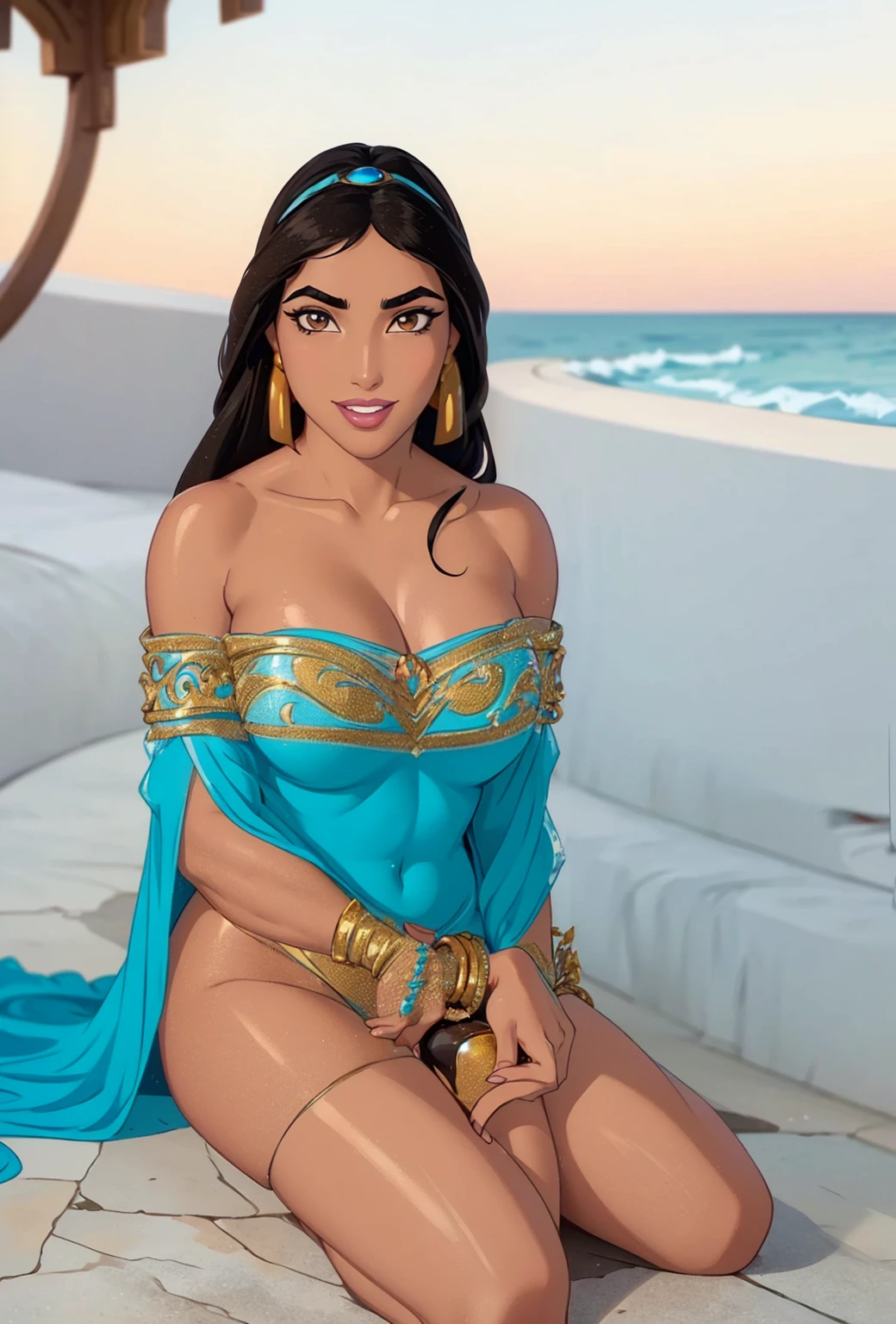 best quality,masterpiece,1girl,solo,(((NSFW))),(((9years old))),japanese girl,an extremely cute and beautiful girl,highly detailed beautiful face and eyes,petit,cute face,lovely face,baby face,shy smile,show teeth, black hair,long hair,Hairless pussy,flat chest,skinny,slender,(((wearing revealing princess Jasmine costume))),(((lying in a Disney arabian castle))),she is looking at the viewer,she is touchng her pussy,(no panties:1.1),(legs spread wide:1.1),(no bra:1.1)
