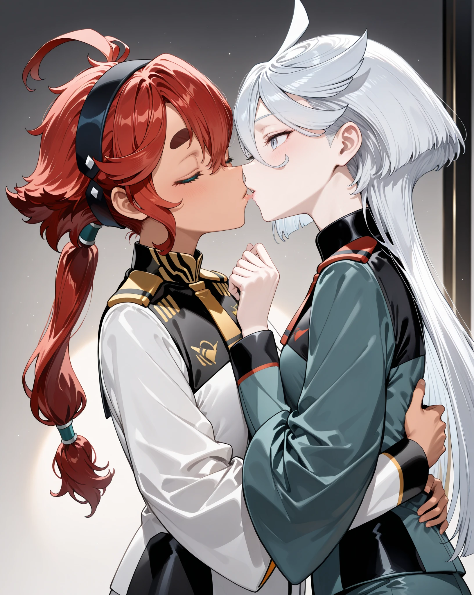 (masterpiece),(highest quality:1.1),(super detailed),best illustrations, (1 girl:1.3)、(Two women kissing),Looking at each other、Thretta Mail、tall、((Asticasia ホワイト 、white shorts))、((redhead、Ahoge、blue eyes))、Mioline Remblanc, Asticasia , alone, long hair, gray eyes, gray hair, Ahoge, Legwear with seams, Green shorts, tie, bangs, hair between eyes, black pantyhose, long sleeve, Green jacket, floating hair, red tie、(lily、lesbian、Hugging each other)、(((I'm kissing)))、Western-style room
