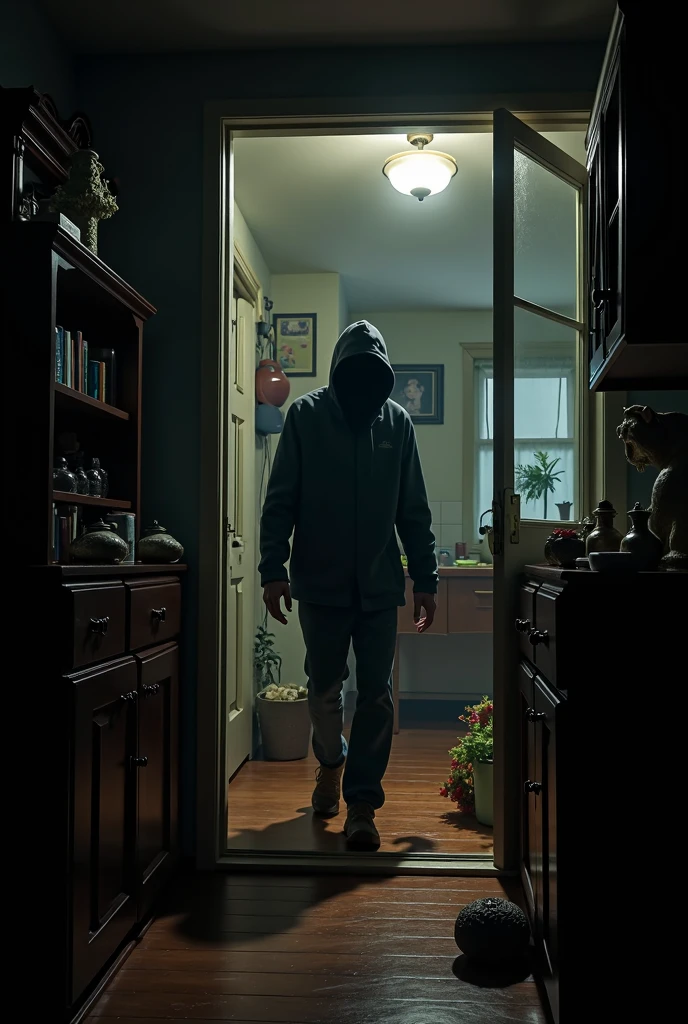 A thief is seen painting walls in a realistic apartment room., dark and gloomy atmosphere