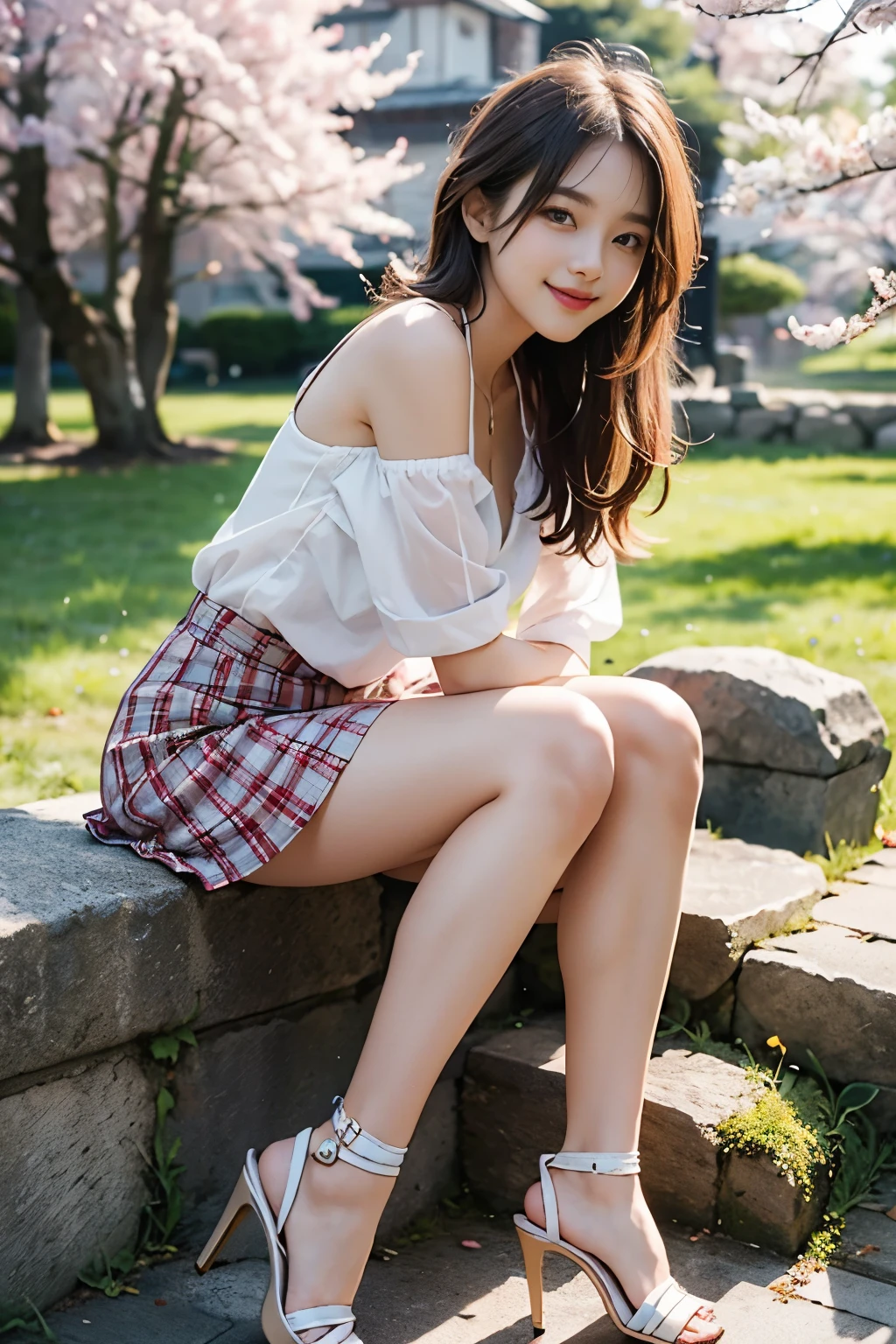 NSFW, 8k RAW photos, best quality, masterpiece, ultra high resolution, film grain, movie, 1 woman, looking at viewer, natural skin texture, Realistic eye and facial details, full Lips, Lipstick, (assembly), Red eyeshadow,Long straight hairstyle, messy hair, laugh, 입을 다water다, beautiful leg, tall woman, thin, slim_leg, alone, huge breasts, The cleavage is visible, The underwear is visible,posture with chest out., pretty short skirt, ~~~~am, shirt, beautiful natural location, Around the flower field, (detailed background), plaid skirt, white shirt, huge breasts, divided, Show a little divided through the shirt, loafers, treasury background, treasury, possession, plaid, short sleeve, brown hair, bracelet, water, forehead, , jewelry store, parted Lips, Lips, pleated skirt, depth of field