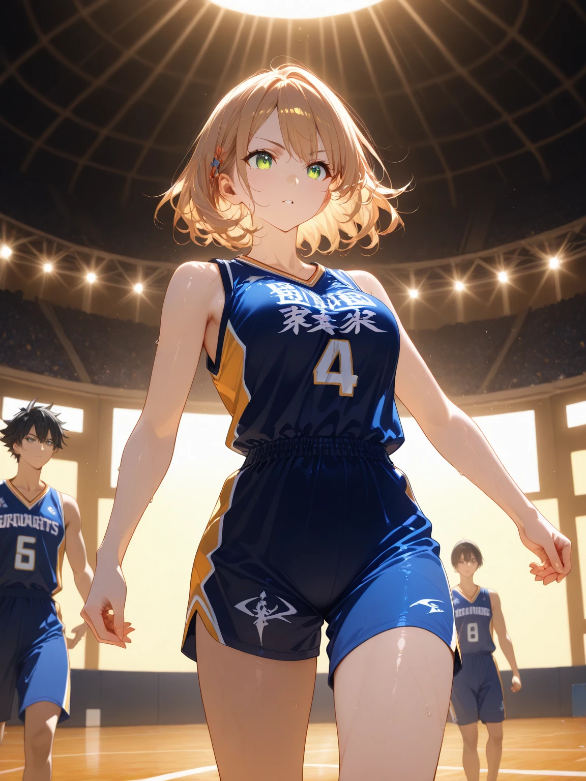 A dynamic digital artwork showcases a female basketball player mid-flight, intensely focused on making a layup as she's guarded by three male opponents. The golden lighting, dramatic shading, and sharp contrasts highlight the player's athleticism and skill in this action-packed moment, while the dark arena and spotlights draw attention to the soaring motion and the upcoming shot. Anime style. From side, dramatic lighting, (spotlight from above), golden lighting, lens flare, highly detailed, The basketball goal is 305cm high.