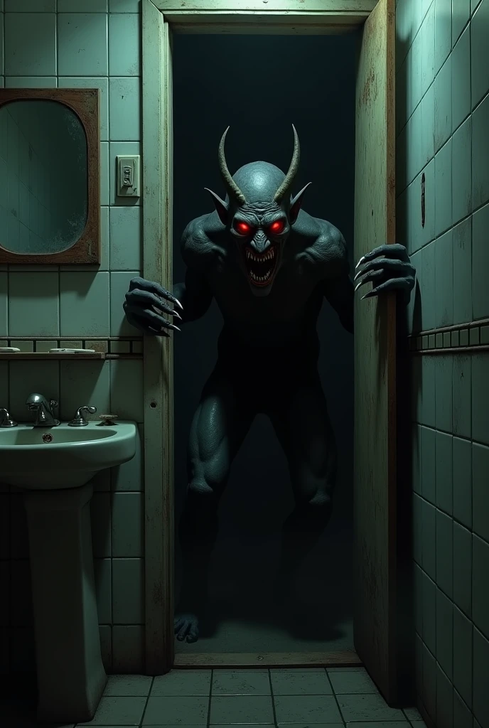 (Realistic, intricate details:1.37): A fearsome demon with large, curved horns and terrifyingly long nails, lurking in a dark, abandoned bathroom. The bathroom is grimy and disheveled, with dirty tiles and moldy corners. The demon’s face is adorned with a twisted smile and glowing eyes. (Digital painting, concept art, sharp focus).