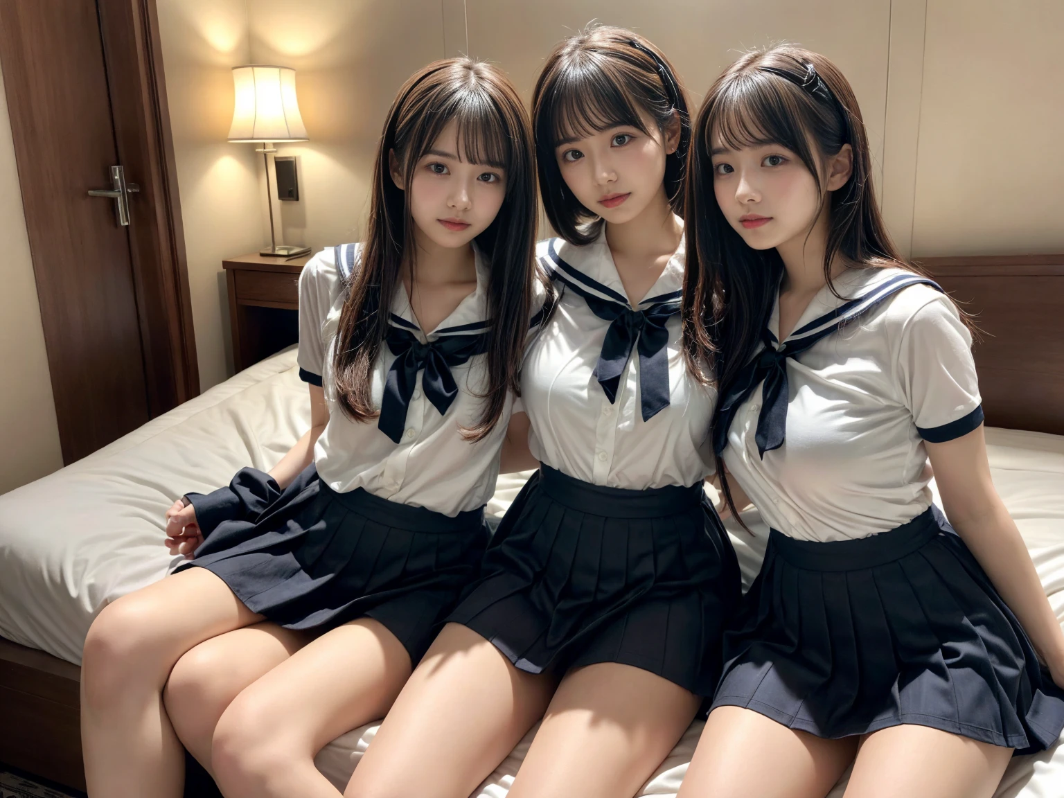 masterpiece, top quality, full body, bangs, black choker, 2girls, lily, lesbian kiss, kiss, (black hair), long hair, hug, cleavage, bountiful breasts, summer sailor suit, slim, see-through, micro mini skirt, pleated skirt,
