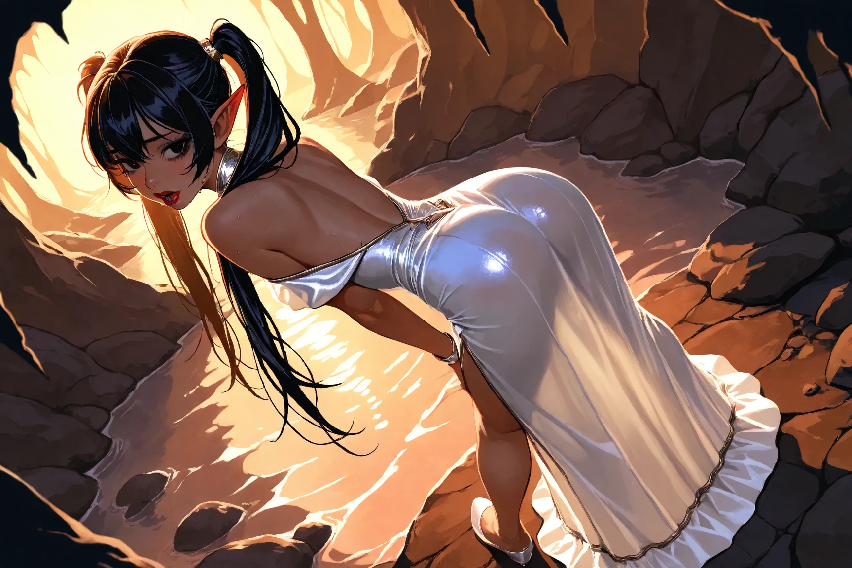 Solo, Pretty 27yo skinny elve sitting on her knees, white filigree silky fluid dress, view from back, , standing, bending forward, showing her , elven dress, chokeholder, lemonshaped protruding , hot and , sweaty, looking back, elegant fashion, short elven dress, long ebony hair ponytails, red plumped lips open, mouth open showing throat , at height of pleasure, dark eyes, stylish mascara, hyperrealistic, sukkubus demon fashion, realistic face, cute pointed elves ears, mystical cave with a lake, high angle view