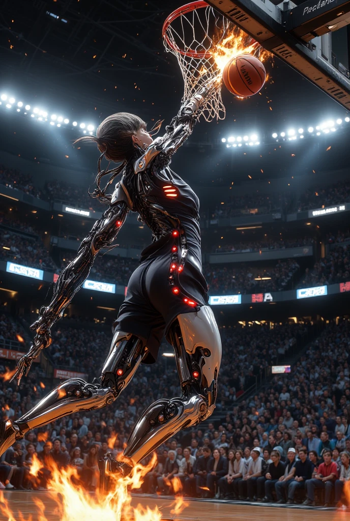 A dynamic and atmospheric scene in the style of modern anime, using a Dutch angle: A cyborg girl with visible mechanical parts of her body and glowing LEDs is shooting a flaming basketball through a burning hoop. The basketball arena is packed with spectators, with flashing cameras and bright spotlights. It's a high-energy, action-packed shot. NBA JAM