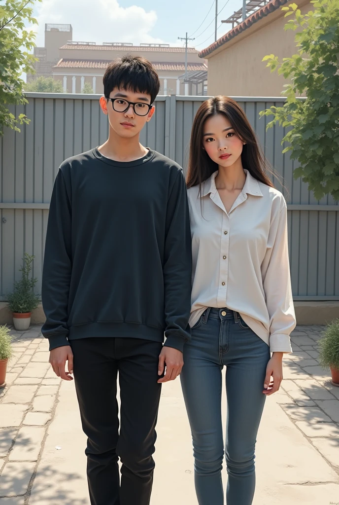 {{Man and woman couple}}、Stairs in the house、Sitting on the stairs、A girl wearing a dark green summer sweater and jeans、A man&#39;s gentle gaze、man 、Place your hands around your waist