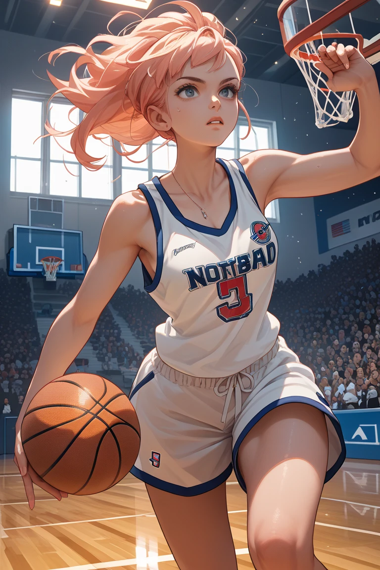 (Best Quality,8K,hight resolution,masuter piece:1.2),Ultra-detailed,Realistic:1.37,Portrait,Dynamic Angle,(Female basketball players) ,Teenage girl,small head,Cute,Sporty,Charming face,Detailed beauty face,Very realistic skin,Wet skin,Sweat,Large breasts,Narrow waist,nice legs ,Sporty,basketball Venues　,Cinematic lighting,