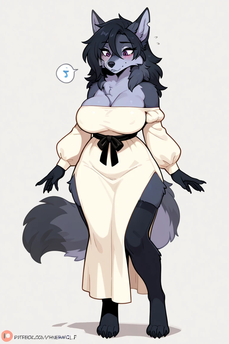 Anthropomorphe, fille loup, Cheveux noir-violet, hyper poitrine, gros cul, vêtu de bleu clair, yeux bleus, corps pelucheux gris clair, queue pelucheuse, best quality, Vue de face, chef-d'artwork, detailed realistic painting, Extreme detail, visage parfait